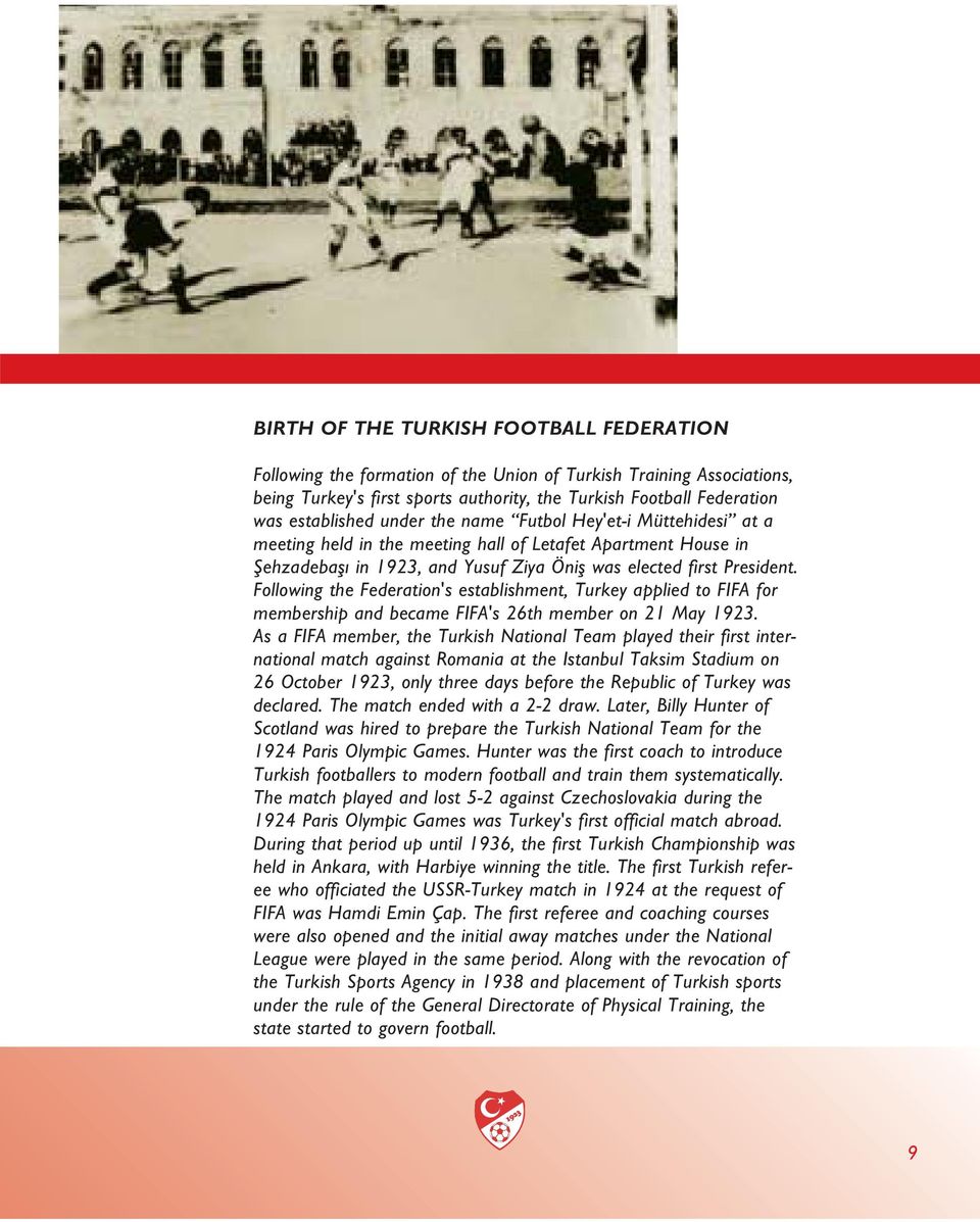 Following the Federation's establishment, Turkey applied to FIFA for membership and became FIFA's 26th member on 21 May 1923.