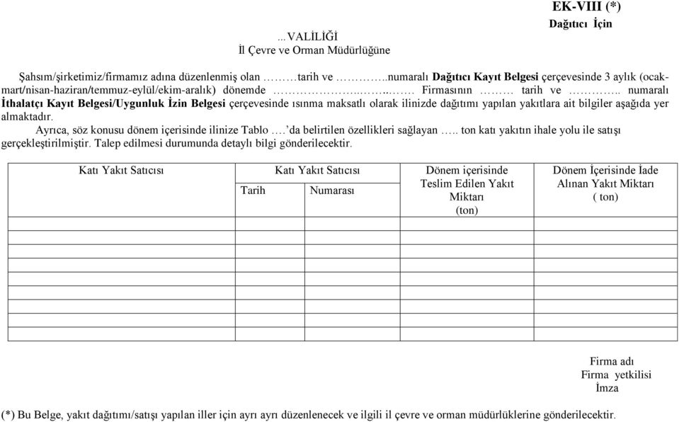 . numaralı Ġthalatçı Kayıt Belgesi/Uygunluk Ġzin Belgesi çerçevesinde ısınma maksatlı olarak ilinizde dağıtımı yapılan yakıtlara ait bilgiler aģağıda yer almaktadır.