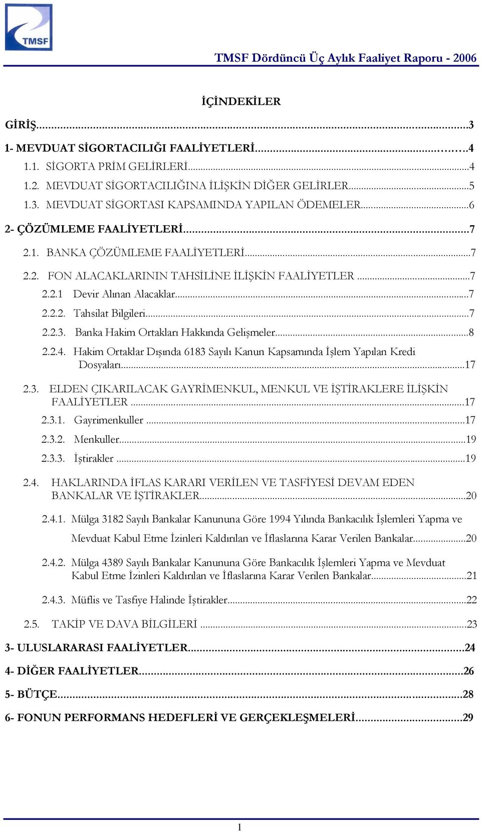 Banka Hakim Ortakları Hakkında Gelişmeler...8 2.2.4. Hakim Ortaklar Dışında 6183 Sayılı Kanun Kapsamında İşlem Yapılan Kredi Dosyaları...17 2.3. ELDEN ÇIKARILACAK GAYRİMENKUL, MENKUL VE İŞTİRAKLERE İLİŞKİN FAALİYETLER.