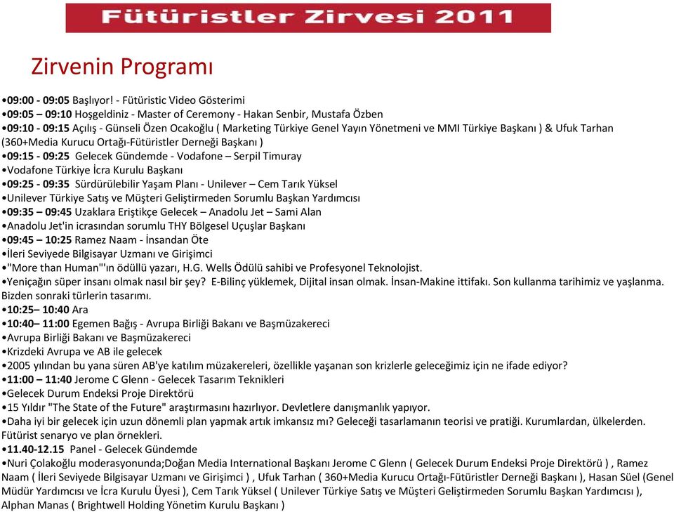 Başkanı ) & Ufuk Tarhan (360+Media Kurucu Ortağı Fütüristler Derneği Başkanı ) 09:15 09:25 Gelecek Gündemde Vodafone Serpil Timuray Vodafone Türkiye İcra Kurulu Başkanı 09:25 09:35 Sürdürülebilir