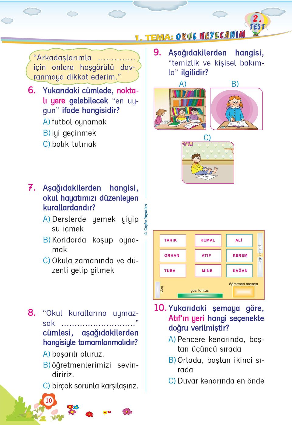 Derslerde yemek yiyip su içmek Koridorda koþup oynamak Okula zamanýnda ve düzenli gelip gitmek TARIK KEMAL ALÝ ORHAN ATIF KEREM TUBA MÝNE KAÐAN pencereler kapý yazý tahtasý öðretmen masasý 8.