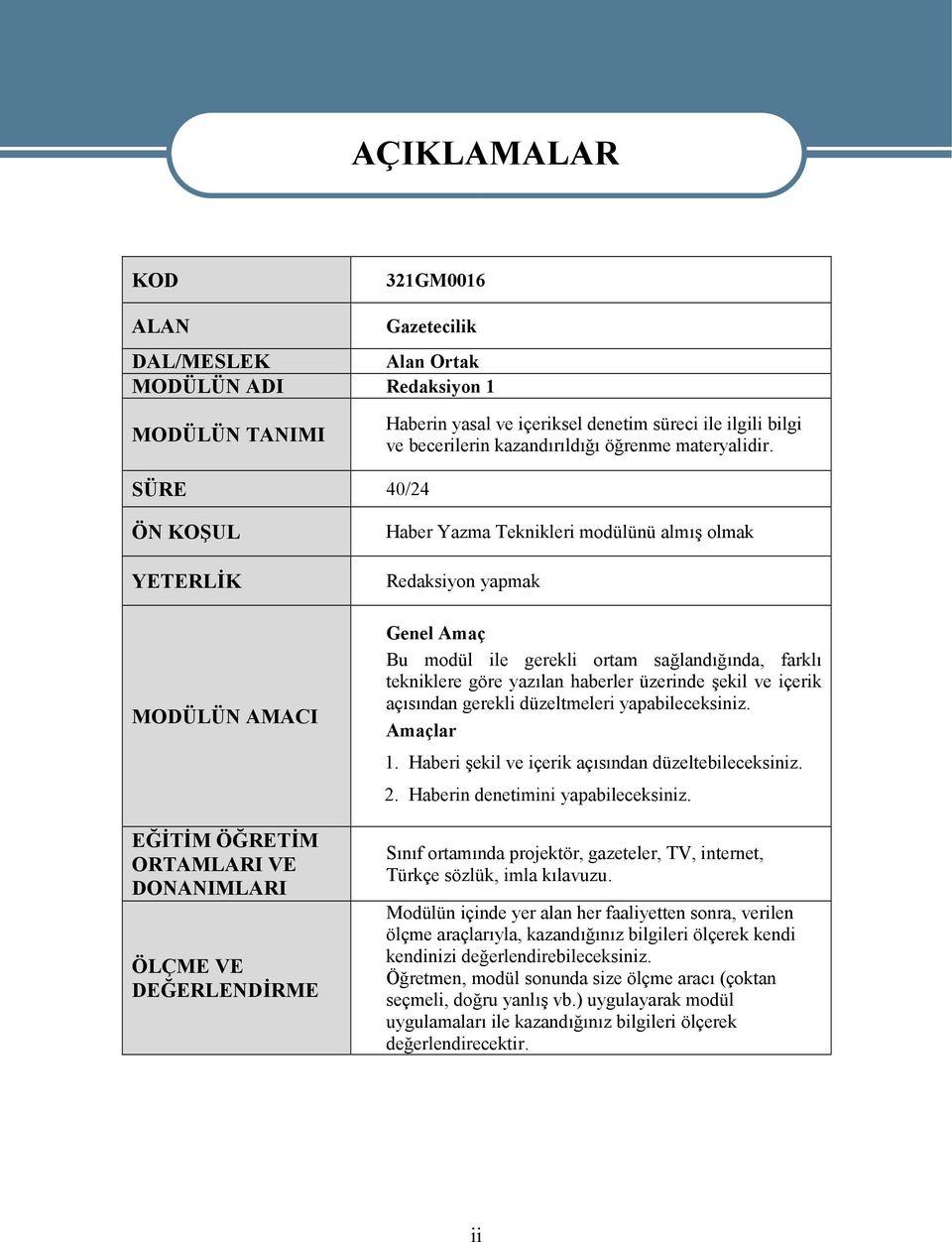 ÖN KOŞUL YETERLİK MODÜLÜN AMACI EĞİTİM ÖĞRETİM ORTAMLARI VE DONANIMLARI ÖLÇME VE DEĞERLENDİRME Haber Yazma Teknikleri modülünü almış olmak Redaksiyon yapmak Genel Amaç Bu modül ile gerekli ortam