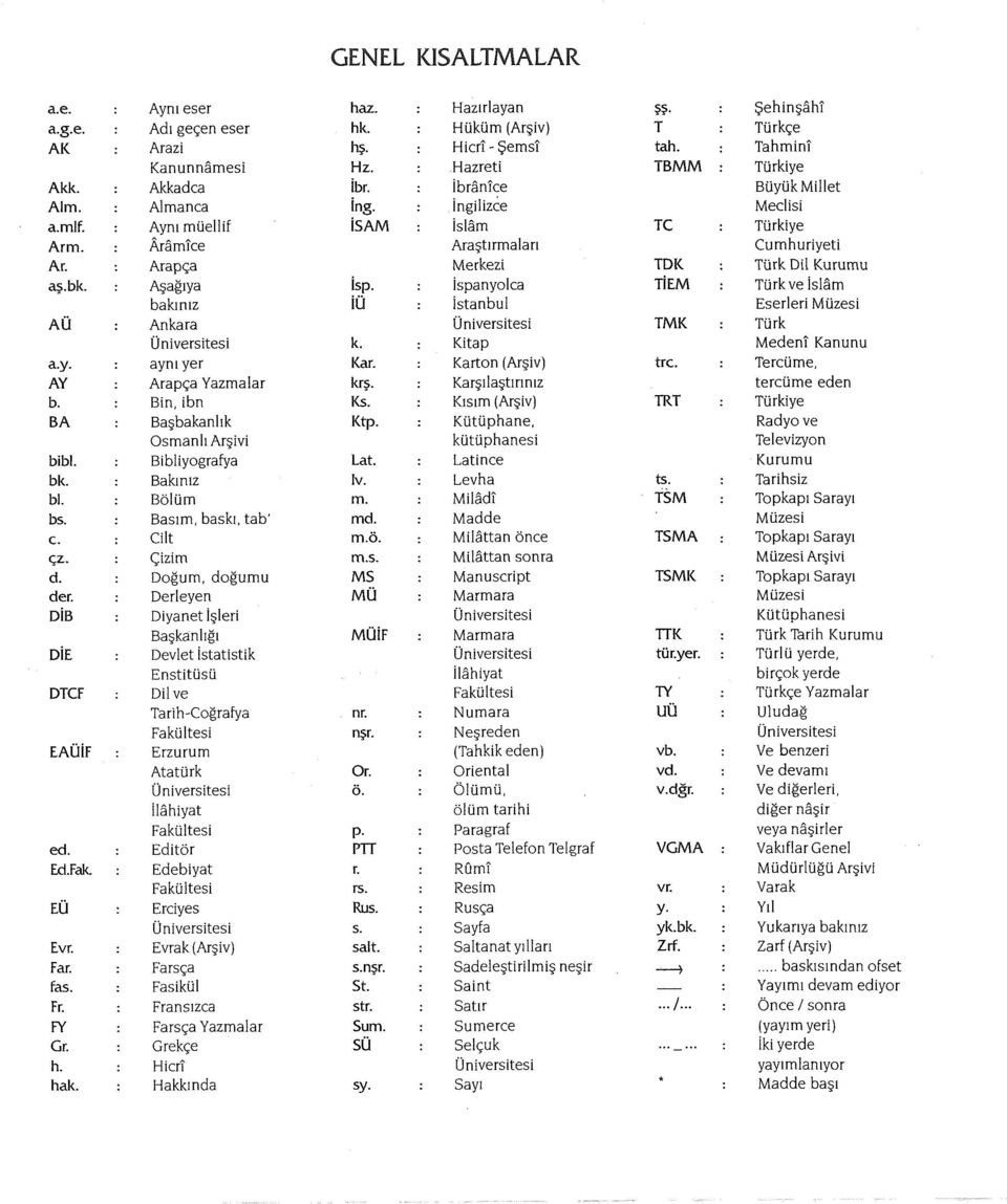 Derleyen DİB Diyanet İşleri Başkanlığı DİE Devlet İstatistik Enstitüsü DTCF Dil ve Tarih-Coğrafya EAÜİF ed. Ed.Fak. EÜ Evr. Far. fas. Fr. FY Gr.