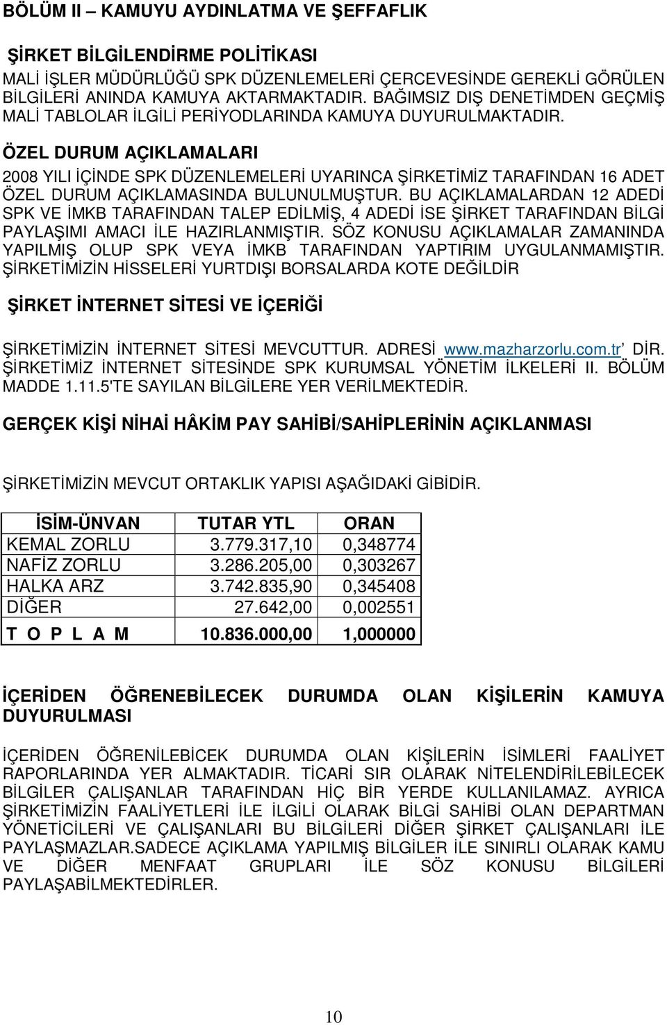 ÖZEL DURUM AÇIKLAMALARI 2008 YILI İÇİNDE SPK DÜZENLEMELERİ UYARINCA ŞİRKETİMİZ TARAFINDAN 16 ADET ÖZEL DURUM AÇIKLAMASINDA BULUNULMUŞTUR.