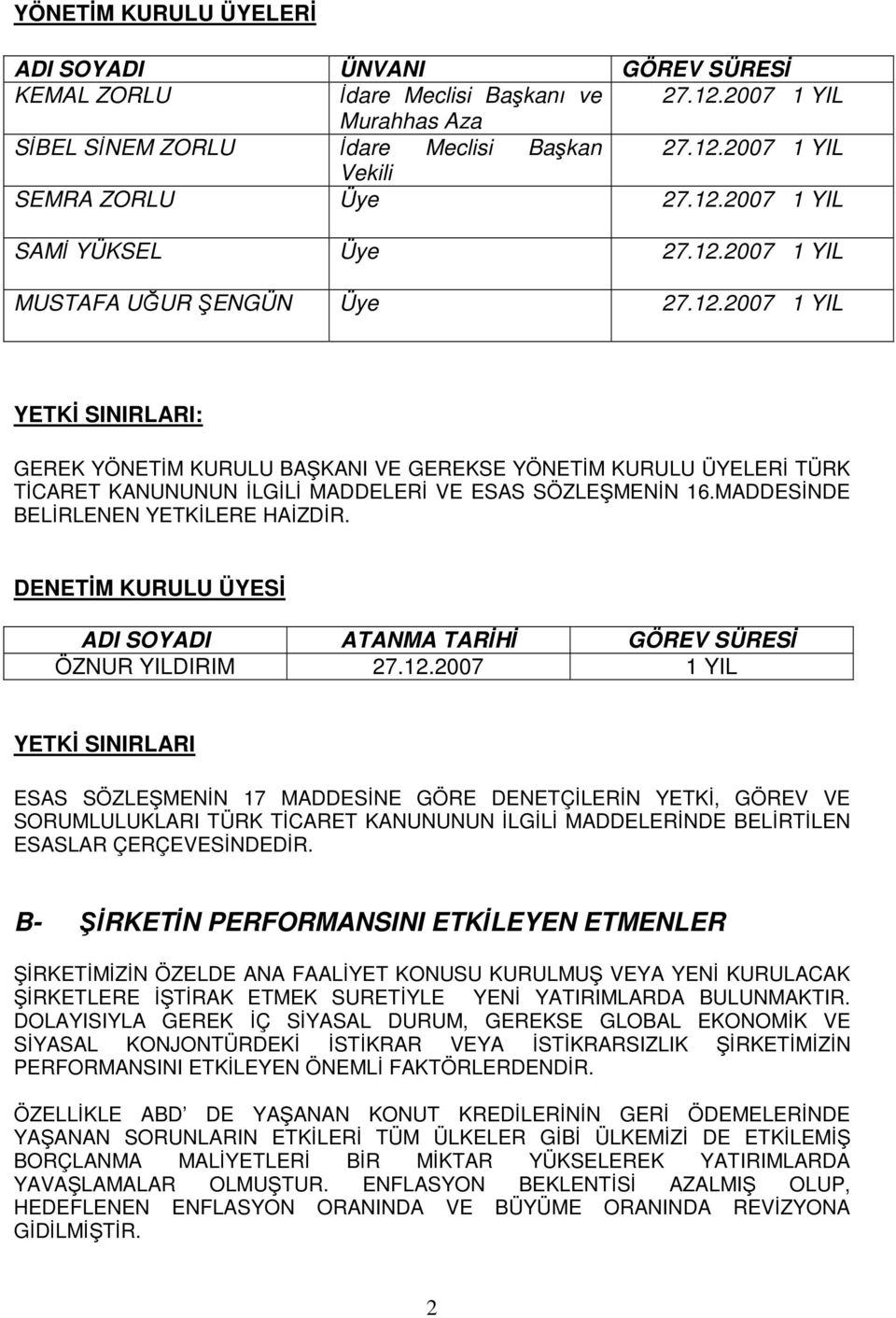 MADDESİNDE BELİRLENEN YETKİLERE HAİZDİR. DENETİM KURULU ÜYESİ ADI SOYADI ATANMA TARİHİ GÖREV SÜRESİ ÖZNUR YILDIRIM 27.12.