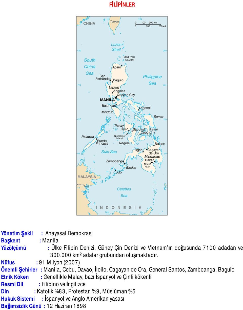 Nüfus : 91 Milyon (2007) Önemli Şehirler : Manila, Cebu, Davao, İloilo, Cagayan de Ora, General Santos, Zamboanga, Baguio Etnik Köken :