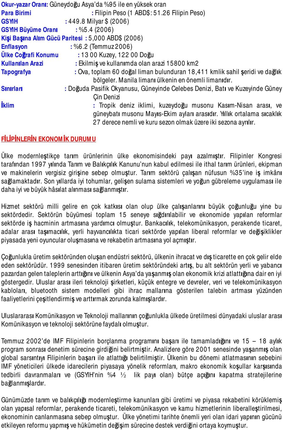 2 (Temmuz 2006) Ülke Coğrafi Konumu : 13 00 Kuzey, 122 00 Doğu Kullanılan Arazi : Ekilmiş ve kullanımda olan arazi 15800 km2 Tapografya : Ova, toplam 60 doğal liman bulunduran 18,411 kmlik sahil