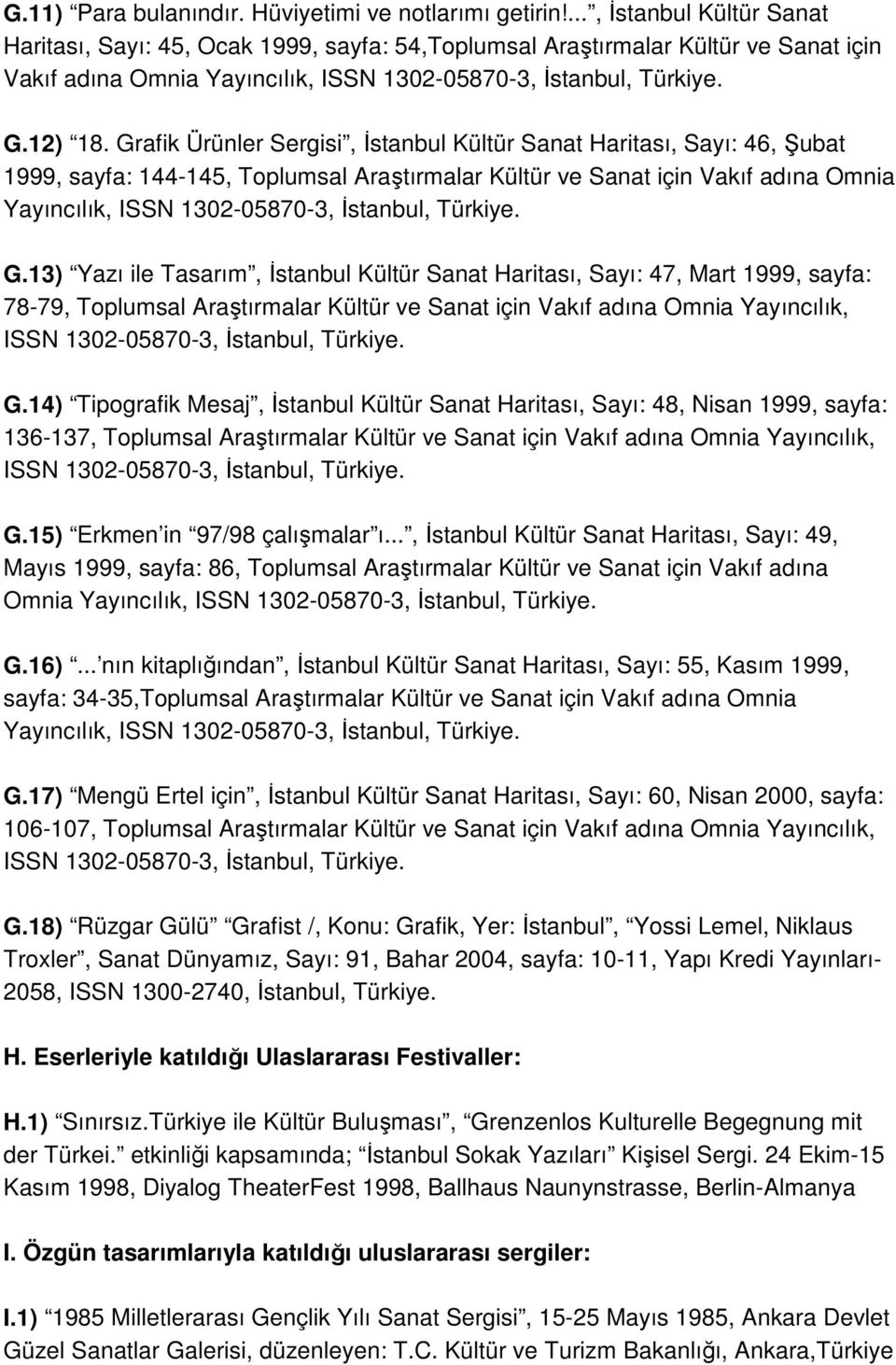 Grafik Ürünler Sergisi, İstanbul Kültür Sanat Haritası, Sayı: 46, Şubat 1999, sayfa: 144-145, Toplumsal Araştırmalar Kültür ve Sanat için Vakıf adına Omnia Yayıncılık, ISSN 1302-05870-3, İstanbul,