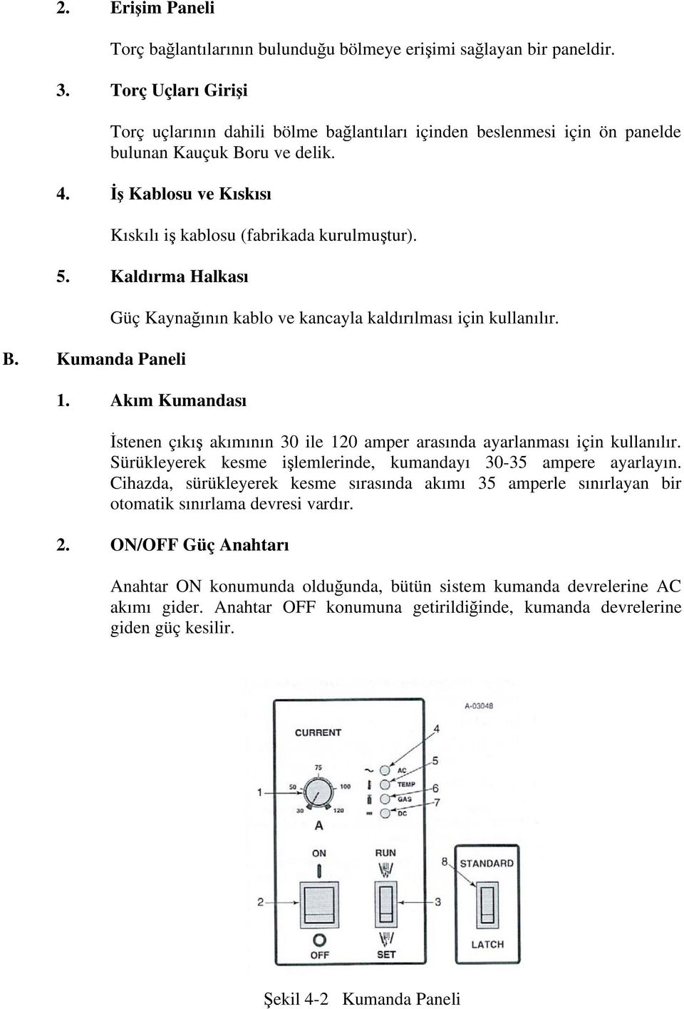 Kaldırma Halkası B. Kumanda Paneli Güç Kayna ının kablo ve kancayla kaldırılması için kullanılır. 1. Akım Kumandası stenen çıkı akımının 30 ile 120 amper arasında ayarlanması için kullanılır.