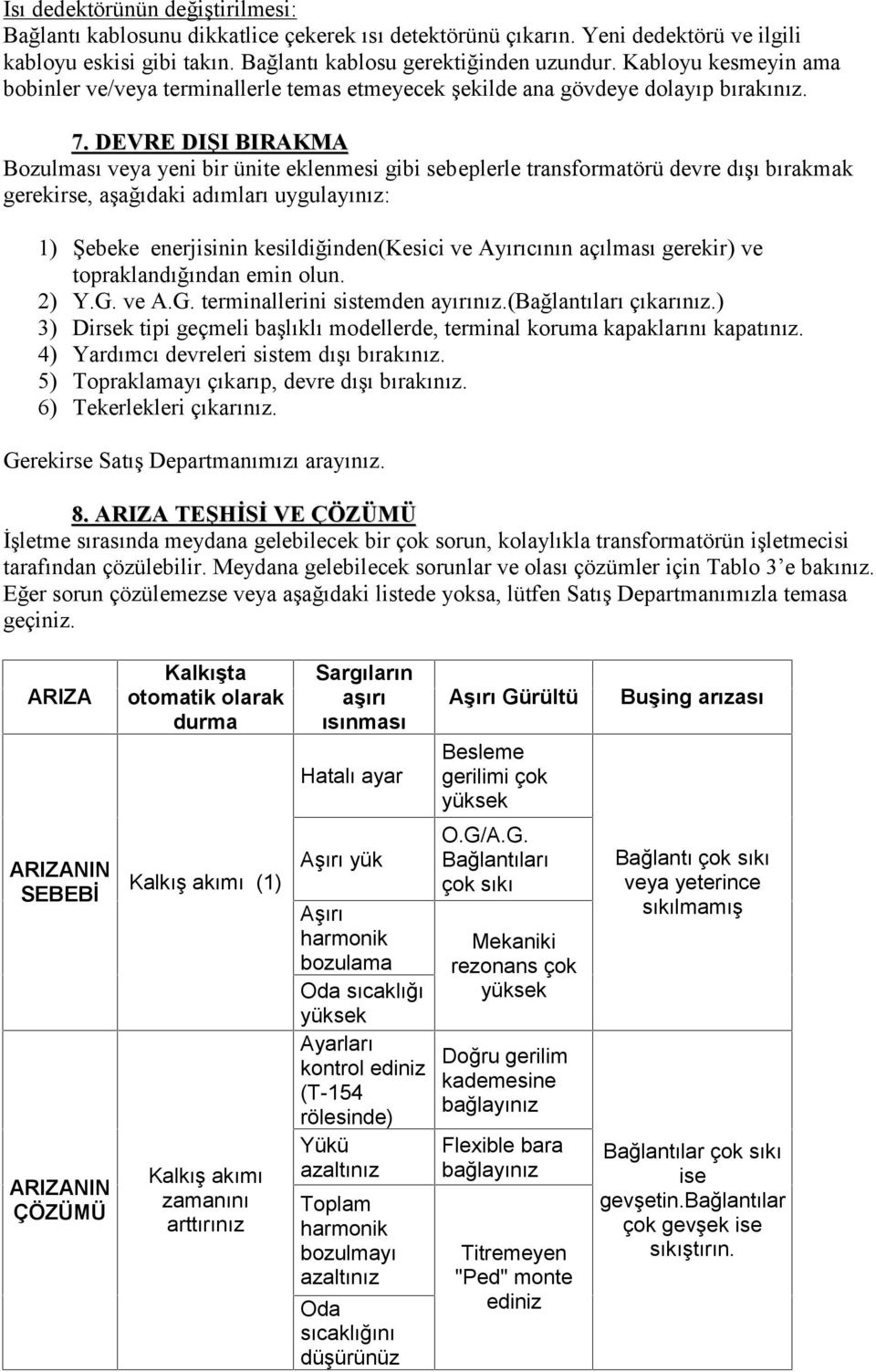 DEVRE DIŞI BIRAKMA Bozulması veya yeni bir ünite eklenmesi gibi sebeplerle transformatörü devre dışı bırakmak gerekirse, aşağıdaki adımları uygulayınız: 1) Şebeke enerjisinin kesildiğinden(kesici ve