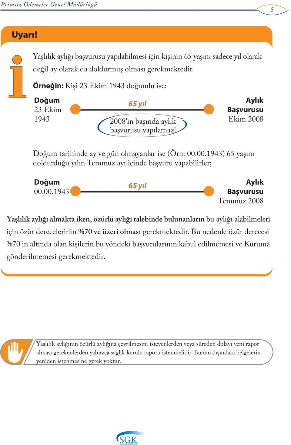 00.1943 65 yýl Aylýk Baþvurusu Temmuz 2008 Yaþlýlýk aylýðý almakta iken, özürlü aylýðý talebinde bulunanlarýn bu aylýðý alabilmeleri için özür derecelerinin %70 ve üzeri olmasý gerekmektedir.