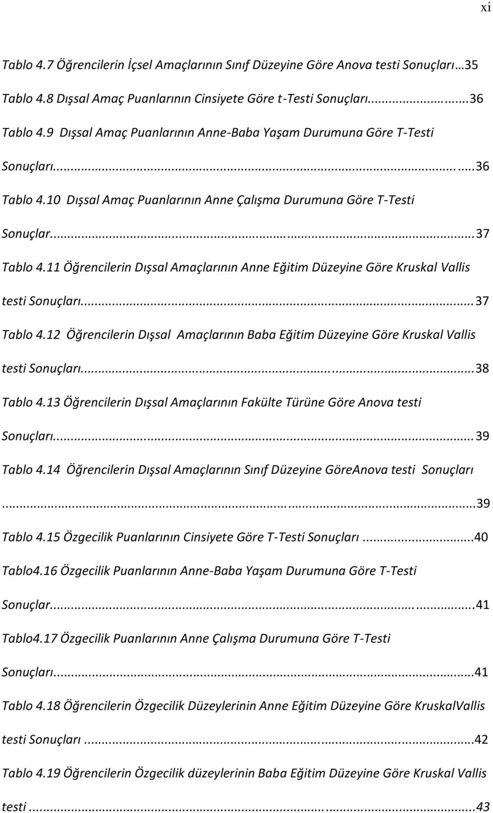 11 Öğrencilerin Dışsal Amaçlarının Anne Eğitim Düzeyine Göre Kruskal Vallis testi Sonuçları...37 Tablo 4.12 Öğrencilerin Dışsal Amaçlarının Baba Eğitim Düzeyine Göre Kruskal Vallis testi Sonuçları.