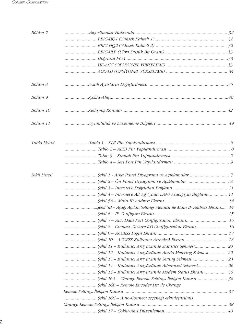 .. 42 Bölüm 11...Uyumluluk ve Düzenleme Bilgileri... 49 Tablo Listesi...Tablo 1 XLR Pin Yap land rmas...8...tablo 2 AES3 Pin Yap land rmas... 8...Tablo 3 Kontak Pin Yap land rmas... 9.