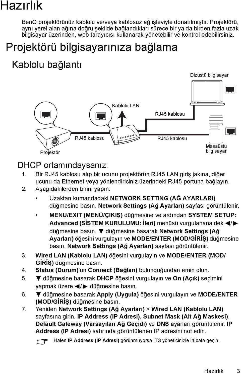 Projektörü bilgisayarınıza bağlama Kablolu bağlantı Dizüstü bilgisayar Kablolu LAN RJ45 kablosu Projektör RJ45 kablosu RJ45 kablosu Masaüstü bilgisayar DHCP ortamındaysanız: 1.