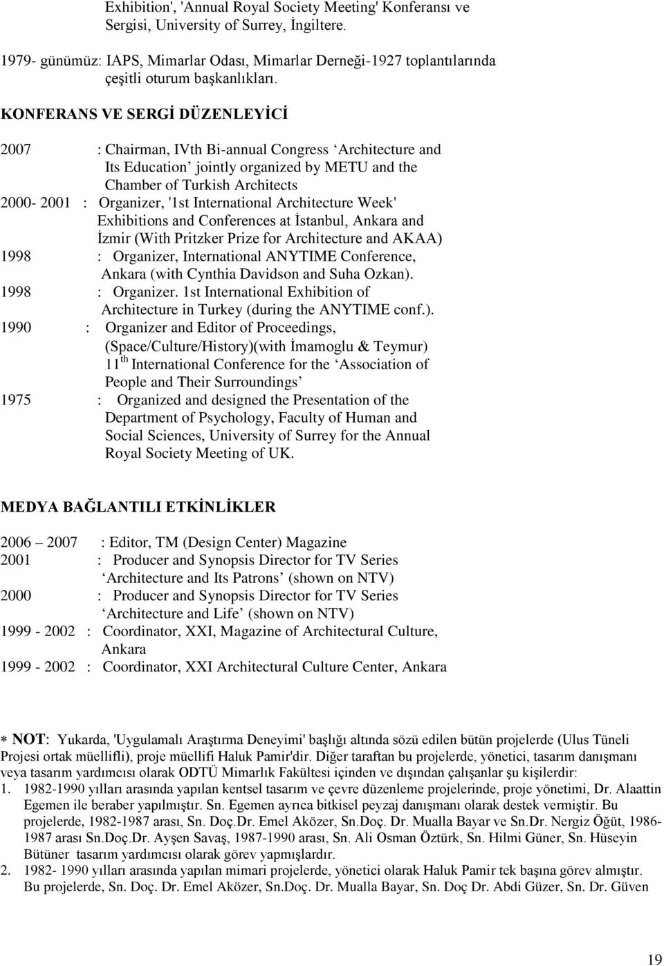 KONFERANS VE SERGİ DÜZENLEYİCİ 2007 : Chairman, IVth Bi-annual Congress Architecture and Its Education jointly organized by METU and the Chamber of Turkish Architects 2000-2001 : Organizer, '1st