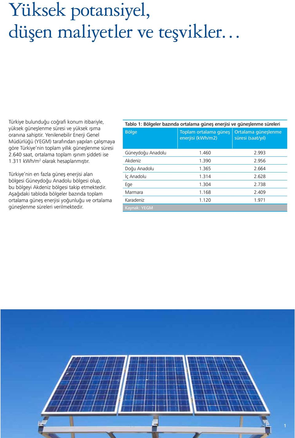 311 kwh/m 2 olarak hesaplanmıştır. Türkiye nin en fazla güneş enerjisi alan bölgesi Güneydoğu Anadolu bölgesi olup, bu bölgeyi Akdeniz bölgesi takip etmektedir.