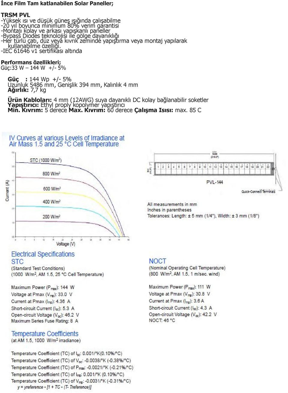 -IEC 61646 v1 sertifikası altında Performans özellikleri; Güç:33 W 144 W +/- 5% Güç : 144 Wp +/- 5% Uzunluk 5486 mm, Genişlik 394 mm, Kalınlık 4 mm Ağırlık: 7,7 kg Ürün