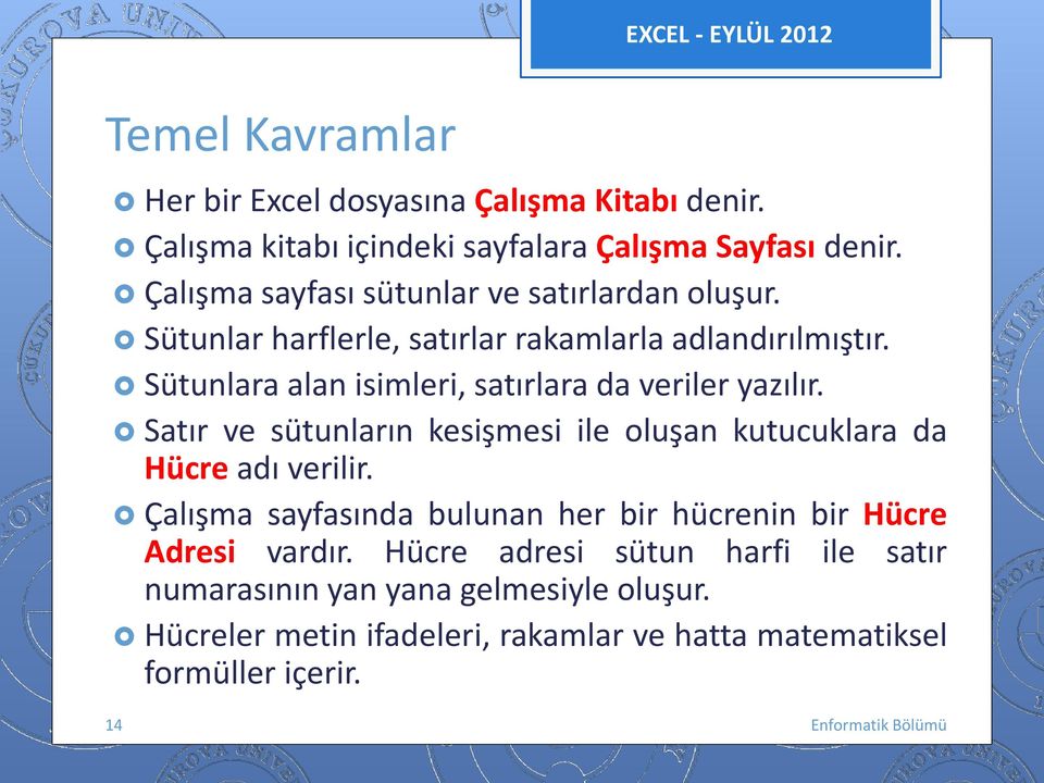 Sütunlara alan isimleri, satırlara da veriler yazılır. Satır ve sütunların kesişmesi ile luşan kutucuklara da Hücre adı verilir.