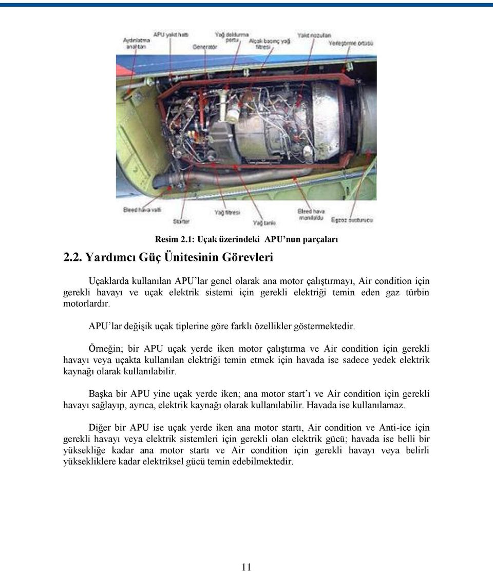 2. Yardımcı Güç Ünitesinin Görevleri Uçaklarda kullanılan APU lar genel olarak ana motor çalıģtırmayı, Air condition için gerekli havayı ve uçak elektrik sistemi için gerekli elektriği temin eden gaz