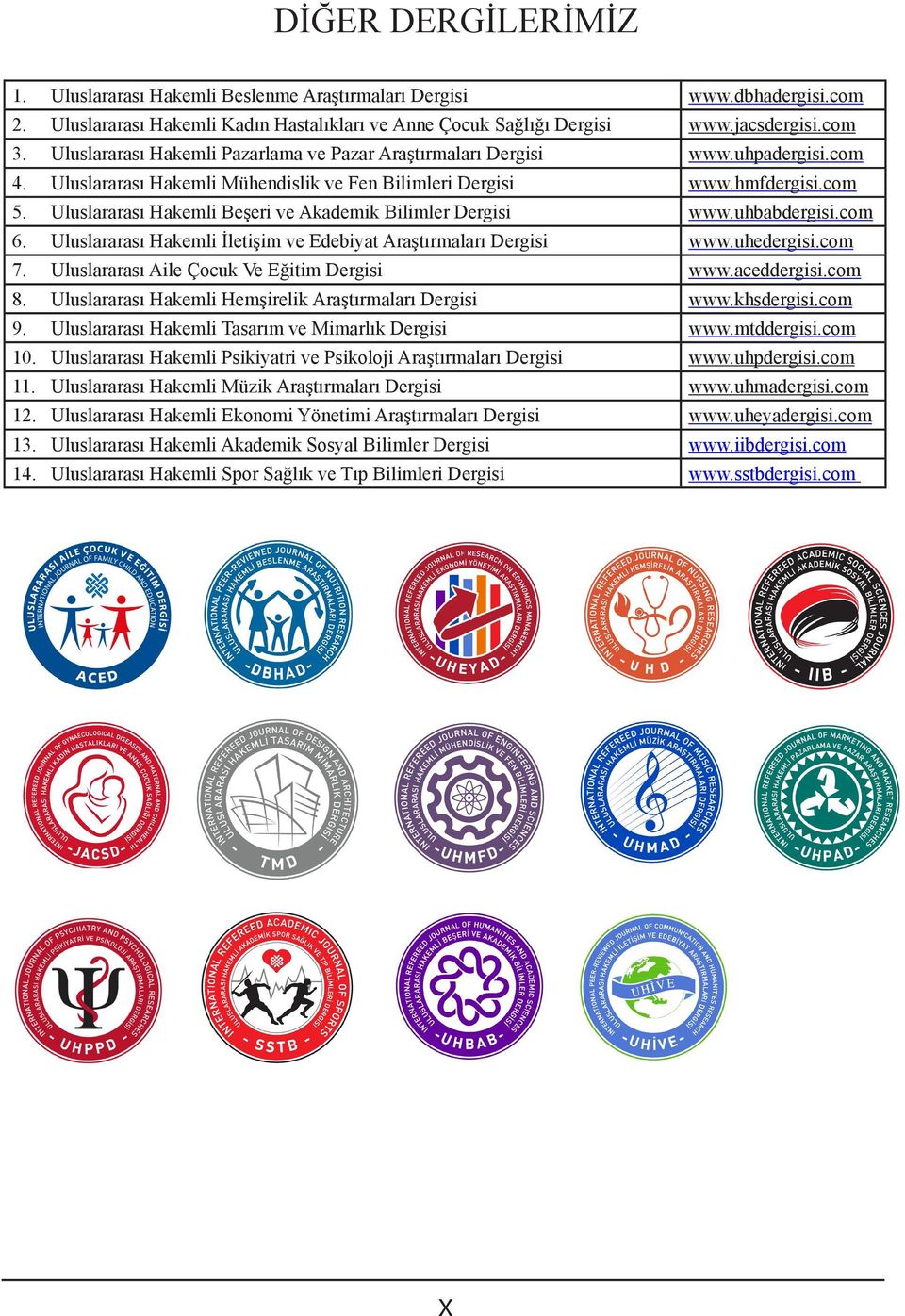 Hakemli Mühendislik ve Fen Bilimleri Dergisi Uluslararası Hakemli Beşeri ve Akademik Bilimler Dergisi Uluslararası Hakemli İletişim ve Edebiyat Araştırmaları Dergisi Uluslararası Aile Çocuk Ve Eğitim