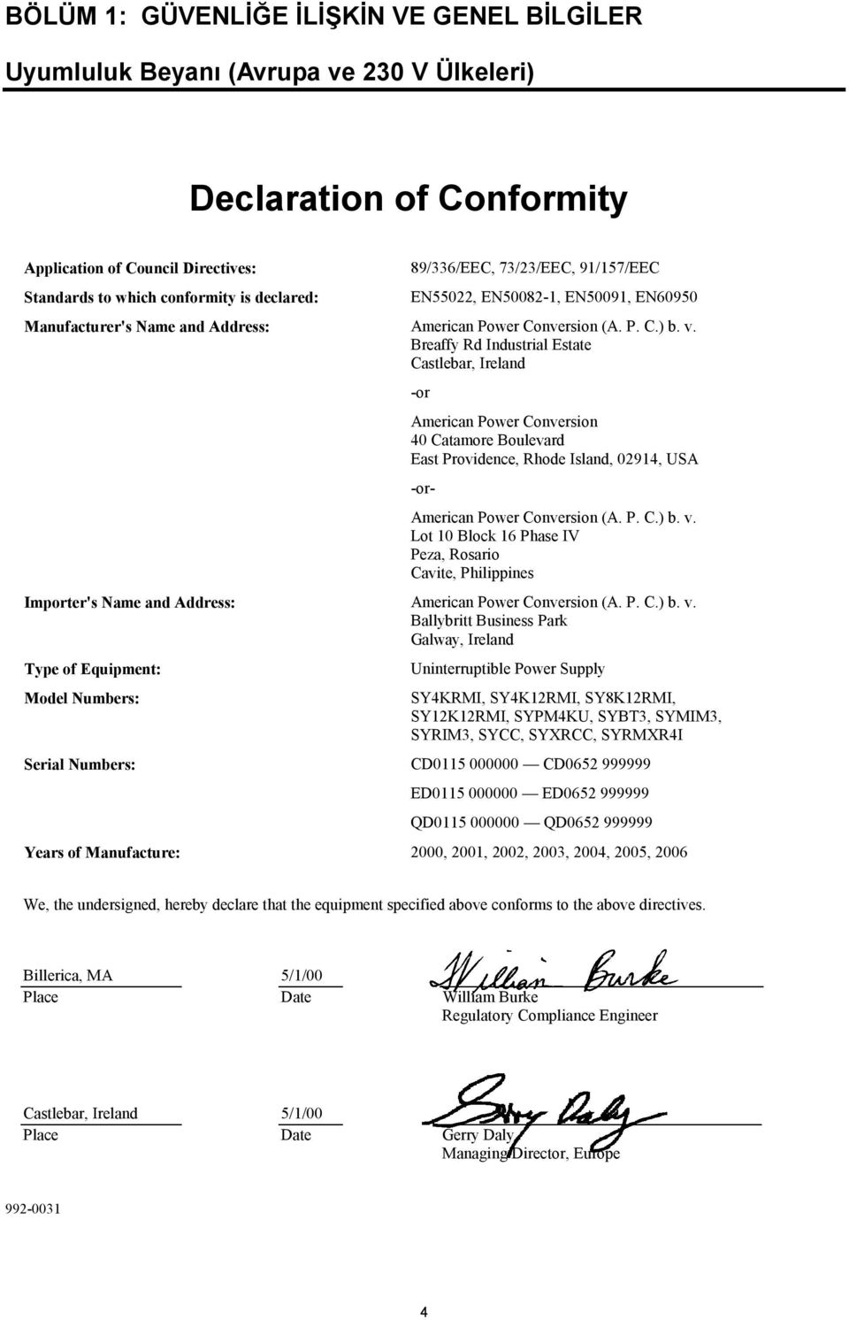 Breaffy Rd Industrial Estate Castlebar, Ireland -or American Power Conversion 40 Catamore Boulevard East Providence, Rhode Island, 02914, USA -or- American Power Conversion (A. P. C.) b. v.