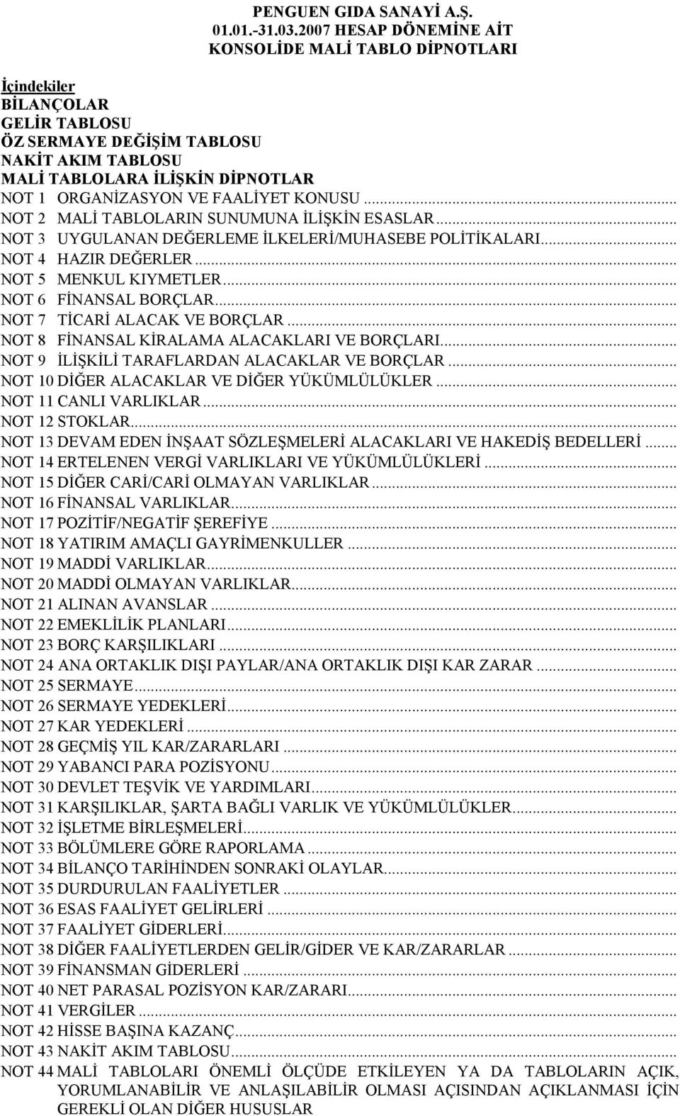 FAALĐYET KONUSU... NOT 2 MALĐ TABLOLARIN SUNUMUNA ĐLĐŞKĐN ESASLAR... NOT 3 UYGULANAN DEĞERLEME ĐLKELERĐ/MUHASEBE POLĐTĐKALARI... NOT 4 HAZIR DEĞERLER... NOT 5 MENKUL KIYMETLER... NOT 6 FĐNANSAL BORÇLAR.