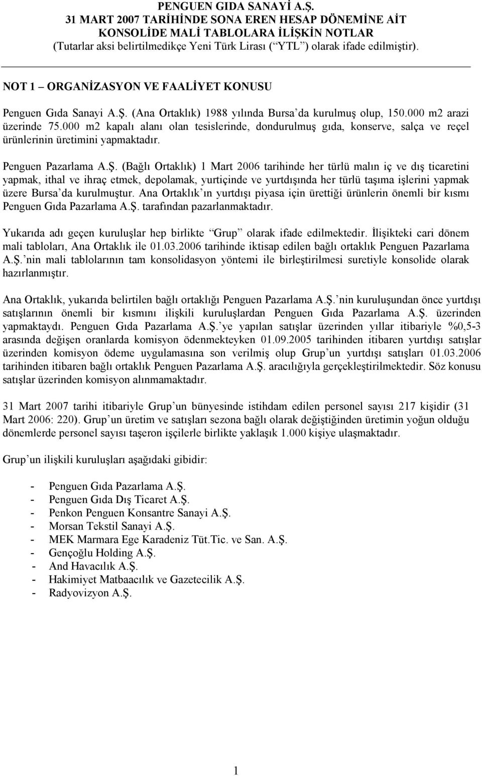 (Bağlı Ortaklık) 1 Mart 2006 tarihinde her türlü malın iç ve dış ticaretini yapmak, ithal ve ihraç etmek, depolamak, yurtiçinde ve yurtdışında her türlü taşıma işlerini yapmak üzere Bursa da