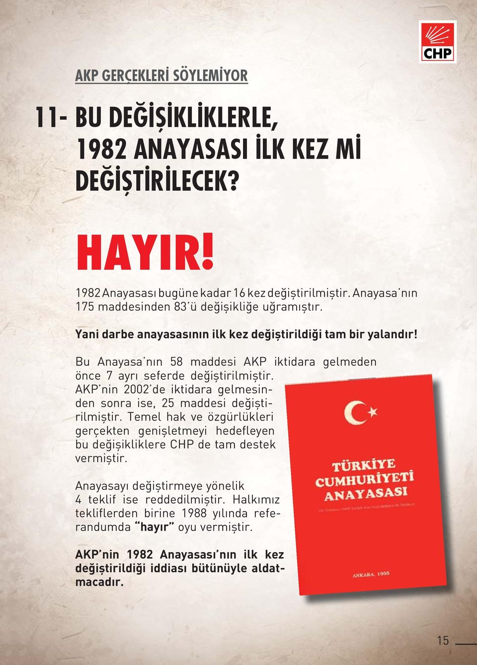 Bu Anayasa nın 58 maddesi AKP iktidara gelmeden önce 7 ayrı seferde değiştirilmiştir. AKP nin 2002 de iktidara gelmesinden sonra ise, 25 maddesi değiştirilmiştir.