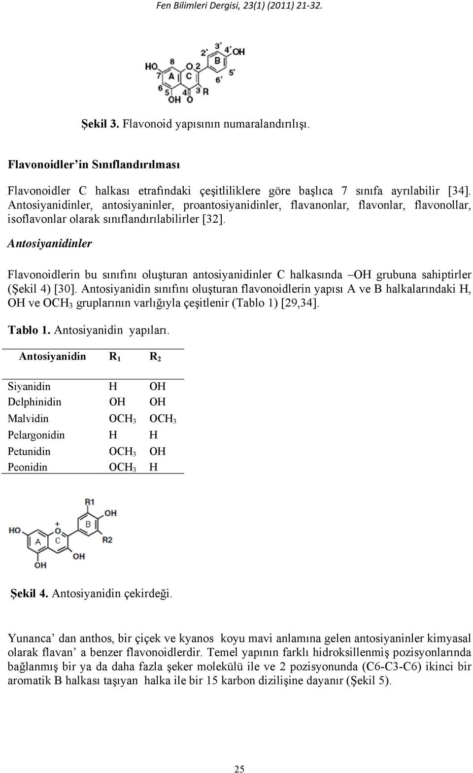 Antosiyanidinler Flavonoidlerin bu sınıfını oluşturan antosiyanidinler C halkasında OH grubuna sahiptirler (Şekil 4) [30].