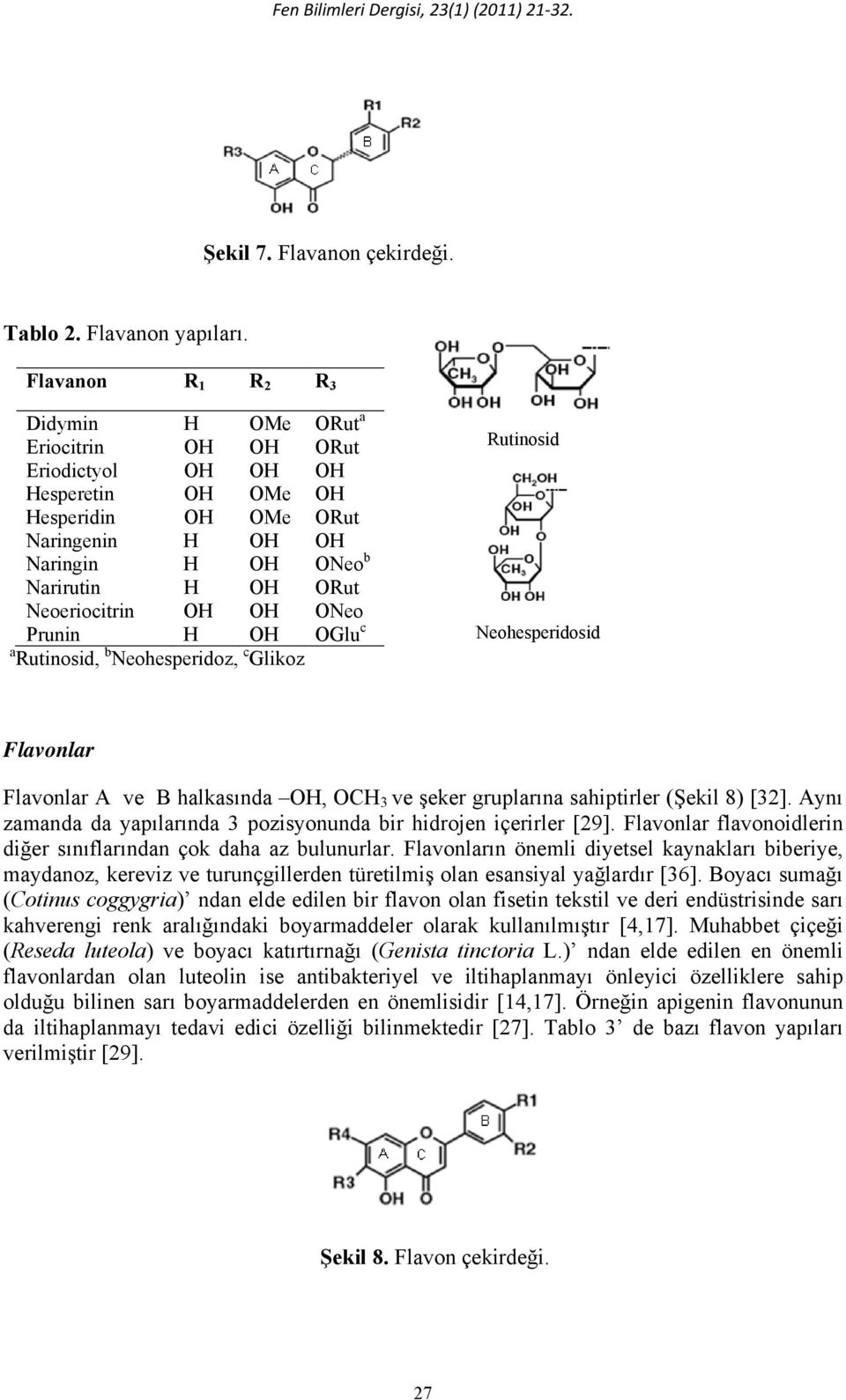 Neoeriocitrin OH OH ONeo Prunin H OH OGlu c a Rutinosid, b Neohesperidoz, c Glikoz Rutinosid Neohesperidosid Flavonlar Flavonlar A ve B halkasında OH, OCH 3 ve şeker gruplarına sahiptirler (Şekil 8)