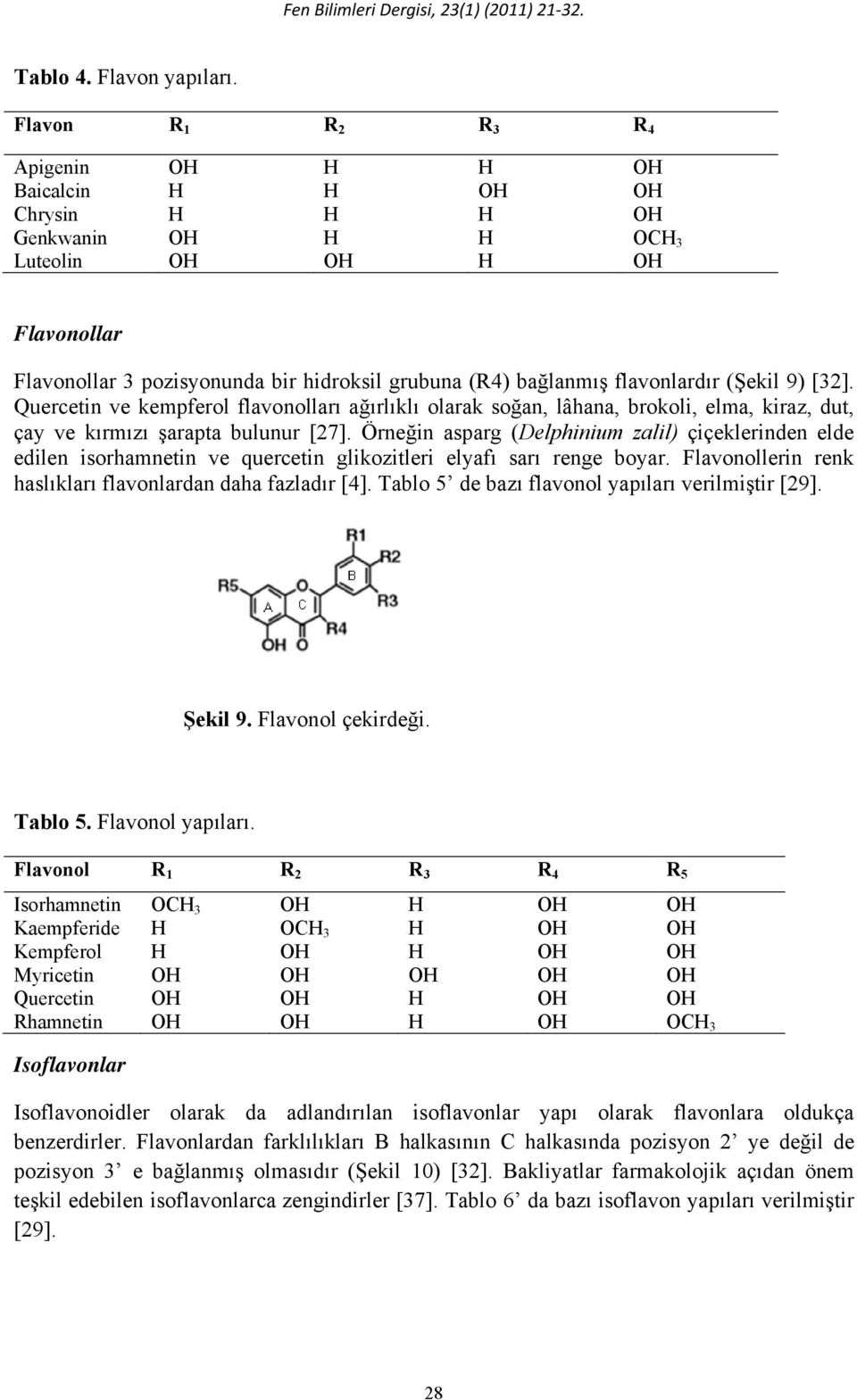 flavonlardır (Şekil 9) [32]. Quercetin ve kempferol flavonolları ağırlıklı olarak soğan, lâhana, brokoli, elma, kiraz, dut, çay ve kırmızı şarapta bulunur [27].