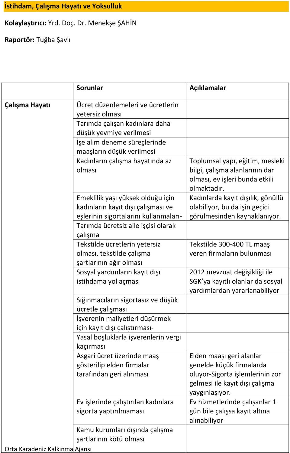 düşük verilmesi Kadınların çalışma hayatında az Emeklilik yaşı yüksek olduğu için kadınların kayıt dışı çalışması ve eşlerinin sigortalarını kullanmaları- Tarımda ücretsiz aile işçisi olarak çalışma