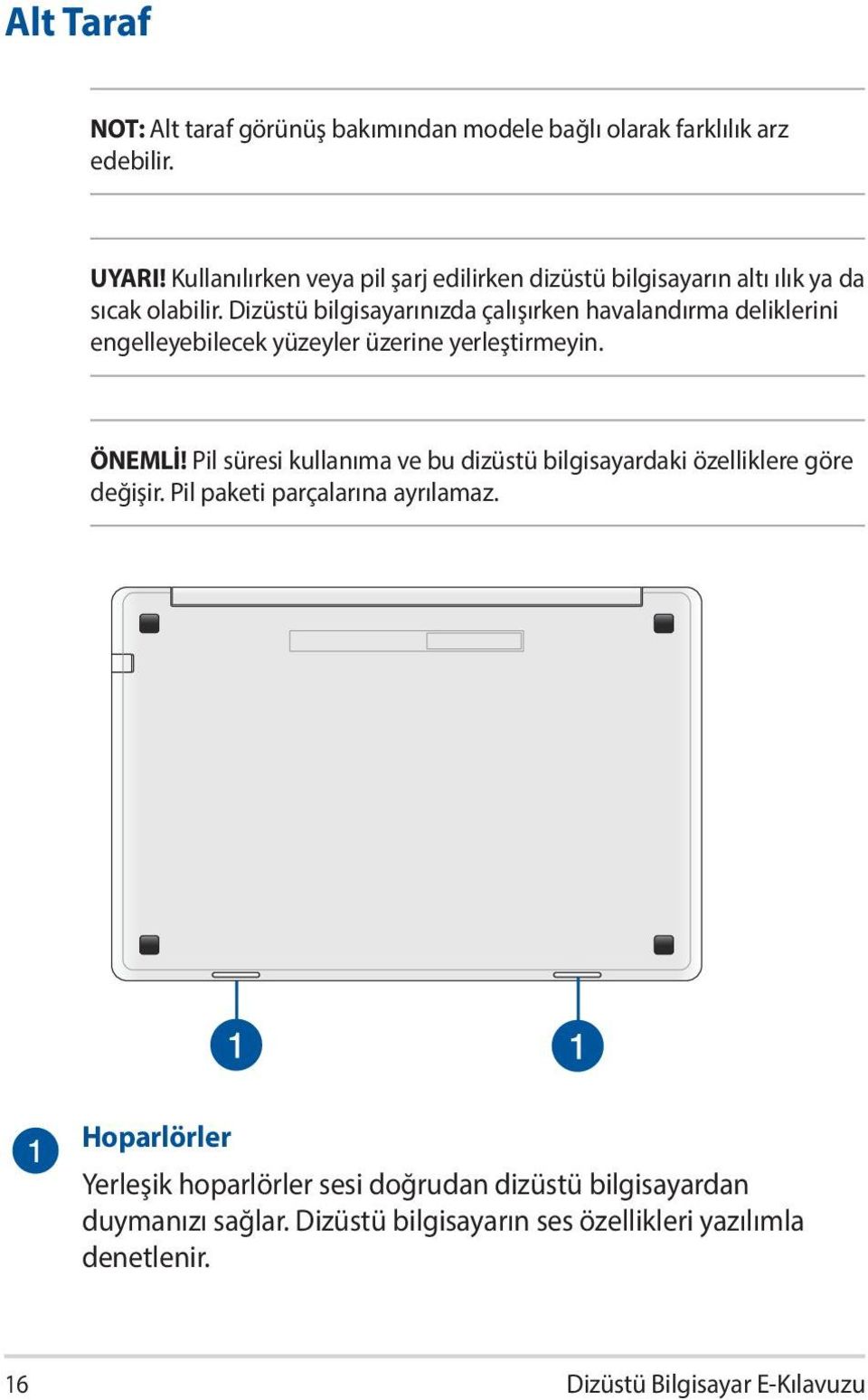 Dizüstü bilgisayarınızda çalışırken havalandırma deliklerini engelleyebilecek yüzeyler üzerine yerleştirmeyin. ÖNEMLİ!