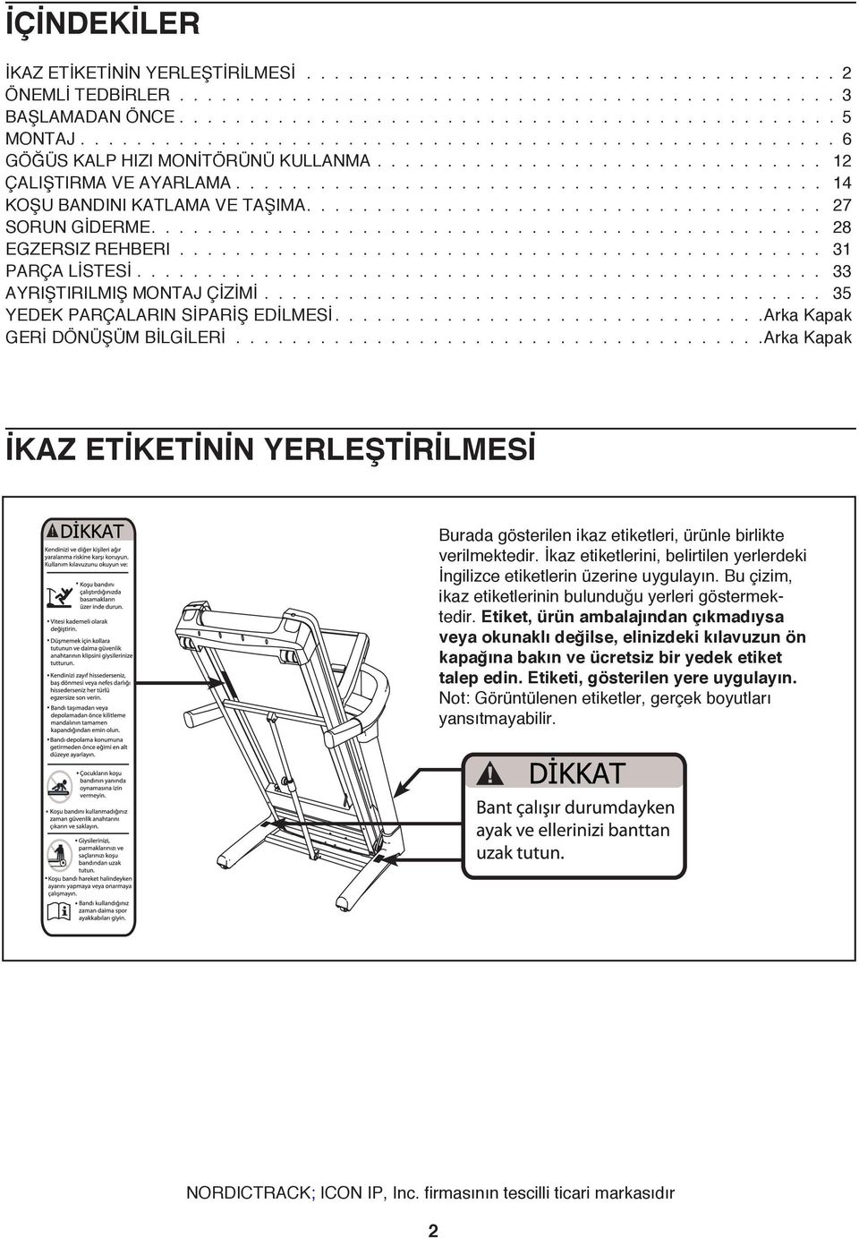 Arka Kapak GERİ DÖNÜŞÜM BİLGİLERİ Arka Kapak İKAZ ETİKETİNİN YERLEŞTİRİLMESİ Burada gösterilen ikaz etiketleri, ürünle birlikte verilmektedir.