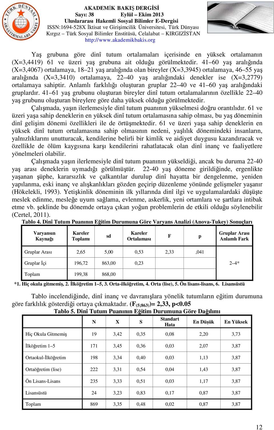 ortalamaya sahiptir. Anlamlı farklılığı oluşturan gruplar 22 40 ve 41 60 yaş aralığındaki gruplardır.