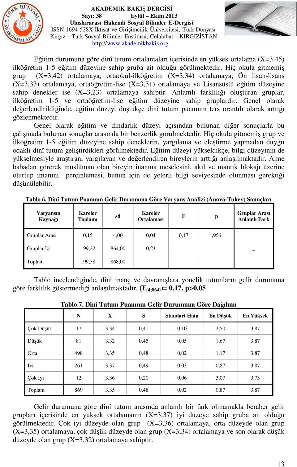 denekler ise (X=3,23) ortalamaya sahiptir. Anlamlı farklılığı oluşturan gruplar, ilköğretim 1-5 ve ortaöğretim-lise eğitim düzeyine sahip gruplardır.