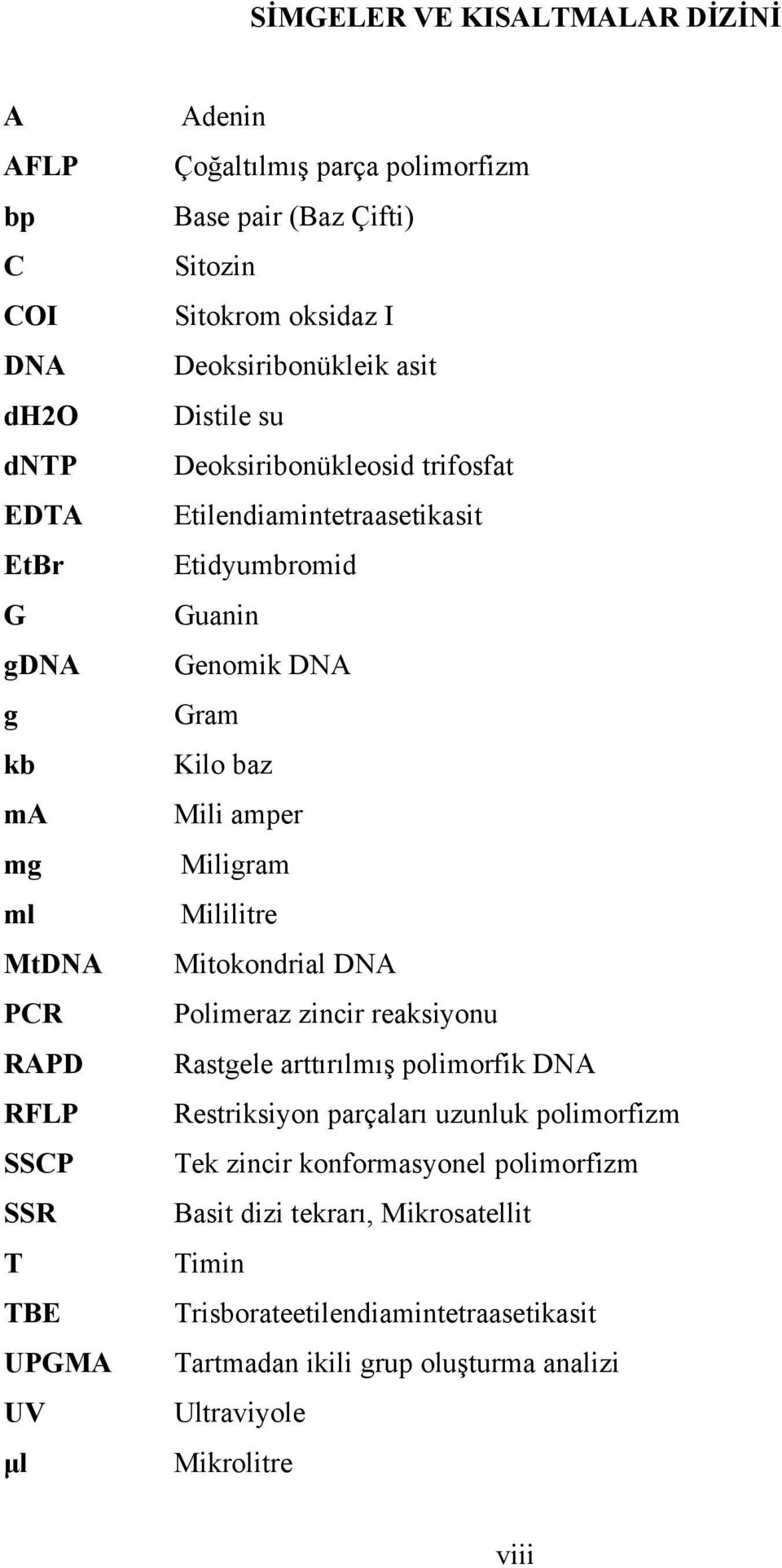 MtDNA Mitokondrial DNA PCR Polimeraz zincir reaksiyonu RAPD Rastgele arttırılmış polimorfik DNA RFLP Restriksiyon parçaları uzunluk polimorfizm SSCP Tek zincir konformasyonel