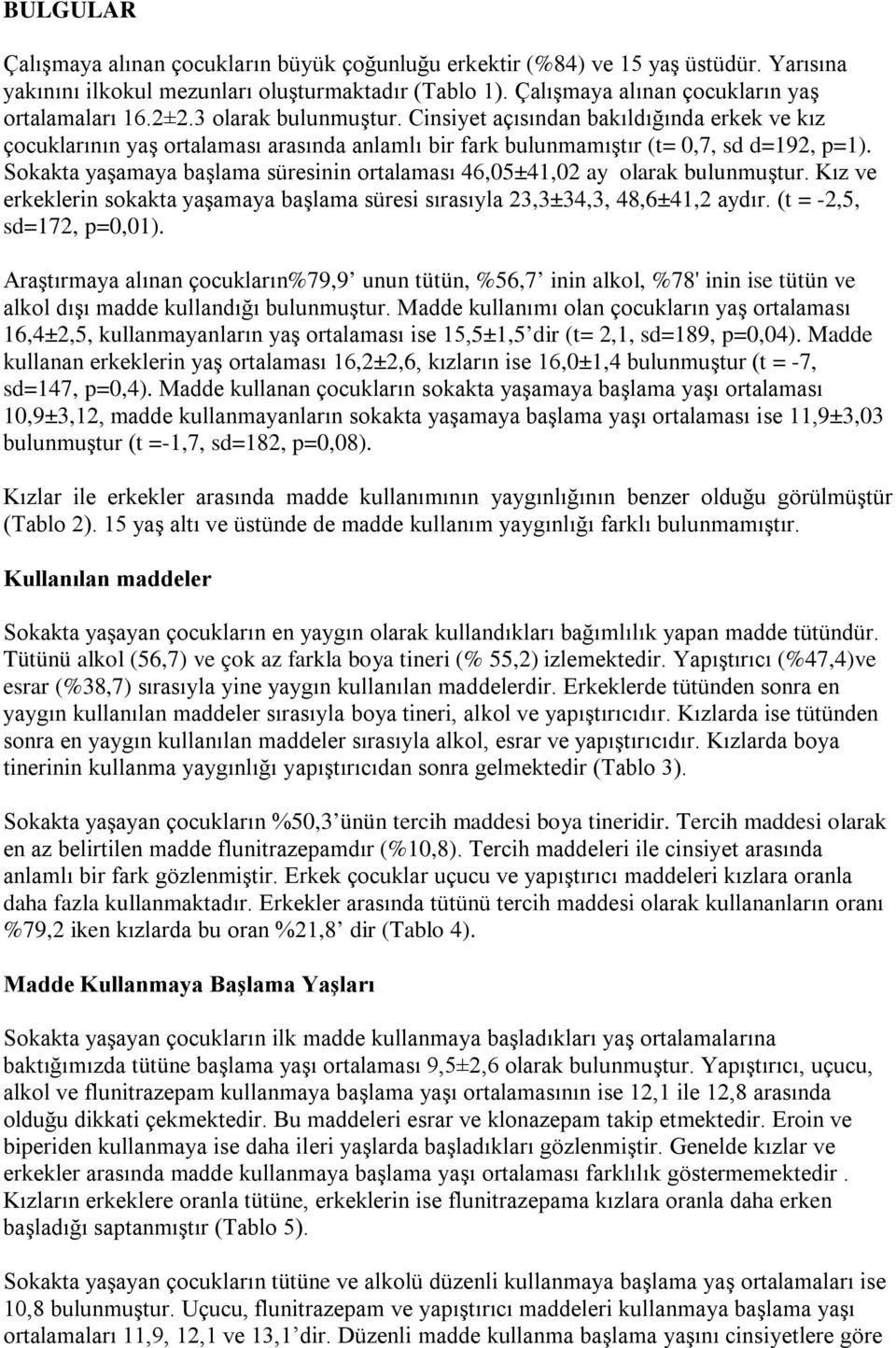 Sokakta yaşamaya başlama süresinin ortalaması 46,05±41,02 ay olarak bulunmuştur. Kız ve erkeklerin sokakta yaşamaya başlama süresi sırasıyla 23,3±34,3, 48,6±41,2 aydır. (t = -2,5, sd=172, p=0,01).