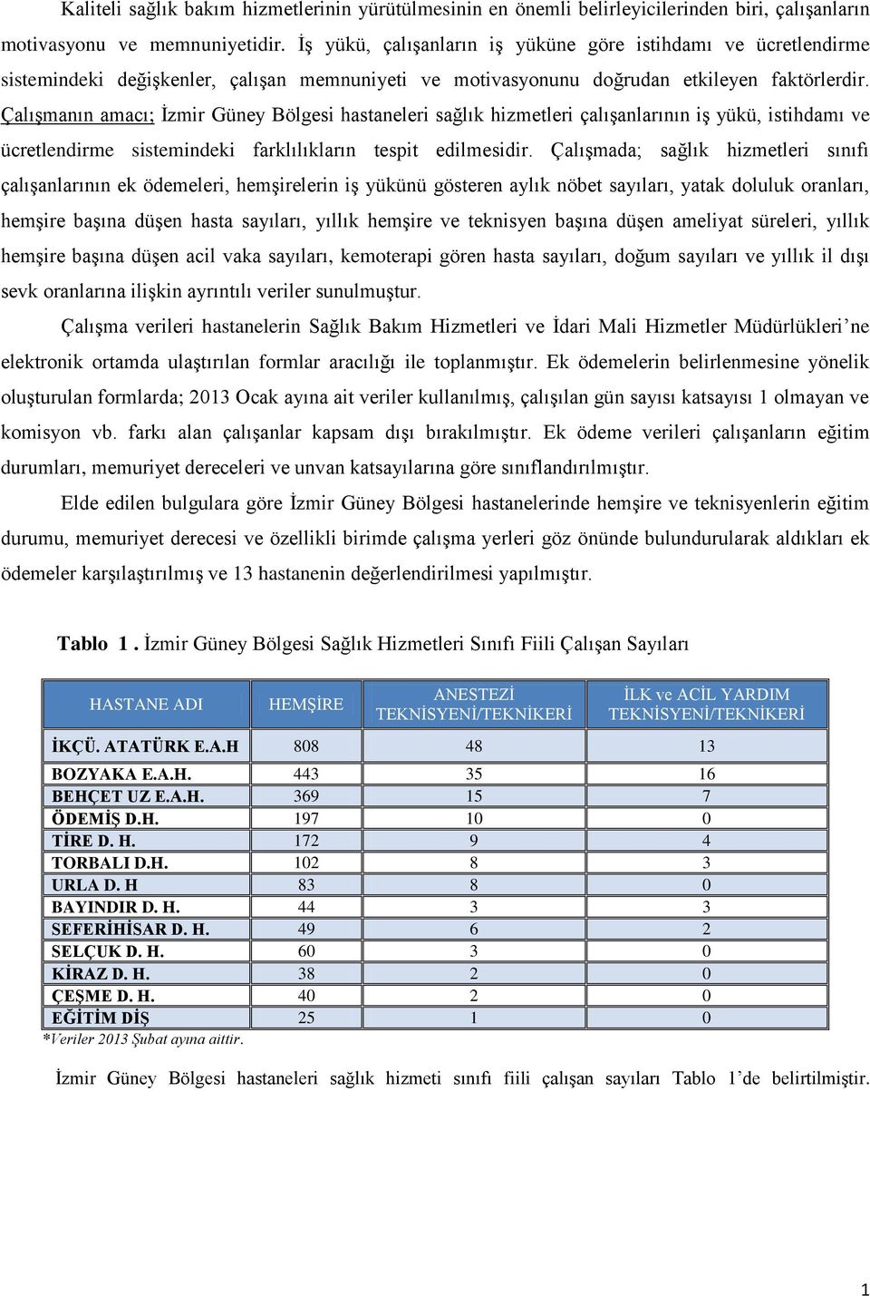 Çalışmanın amacı; İzmir Güney Bölgesi hastaneleri sağlık hizmetleri çalışanlarının iş yükü, istihdamı ve ücretlendirme sistemindeki farklılıkların tespit edilmesidir.