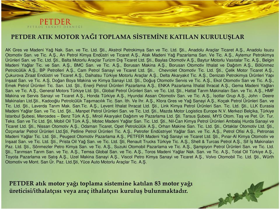 Şti., Baylas Otomotiv A.Ş., Baytur Motorlu Vasıtalar Tic. A.Ş., Belgin Madeni Yağlar Tic. ve San. A.Ş., BMC San. ve Tic. A.Ş., Borusan Makina A.Ş., Borusan Otomotiv İthalat ve Dağıtım A.Ş., Bölünmez Petrolcülük A.