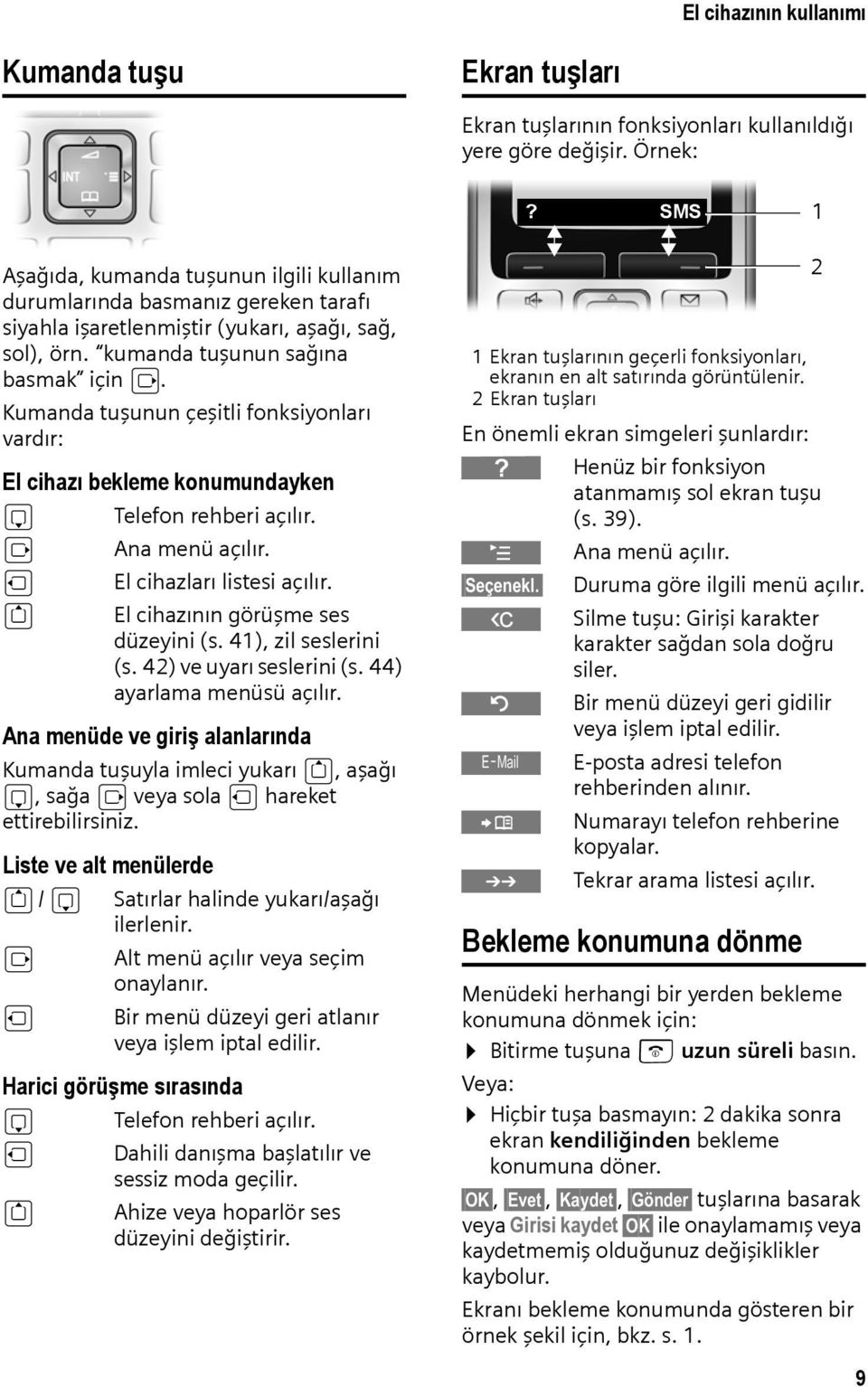 Kumanda tuşunun çeşitli fonksiyonları vardır: El cihazı bekleme konumundayken s v u t Telefon rehberi açılır. Ana menü açılır. El cihazları listesi açılır. El cihazının görüşme ses düzeyini (s.