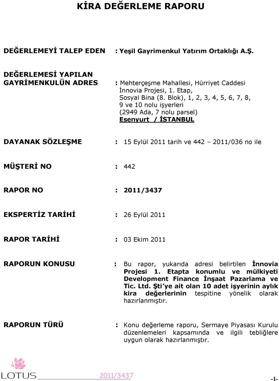 Blok), 1, 2, 3, 4, 5, 6, 7, 8, 9 ve 10 nolu işyerleri (2949 Ada, 7 nolu parsel) Esenyurt / ĠSTANBUL DAYANAK SÖZLEġME : 15 Eylül 2011 tarih ve 442 2011/036 no ile MÜġTERĠ NO : 442 RAPOR NO : EKSPERTĠZ