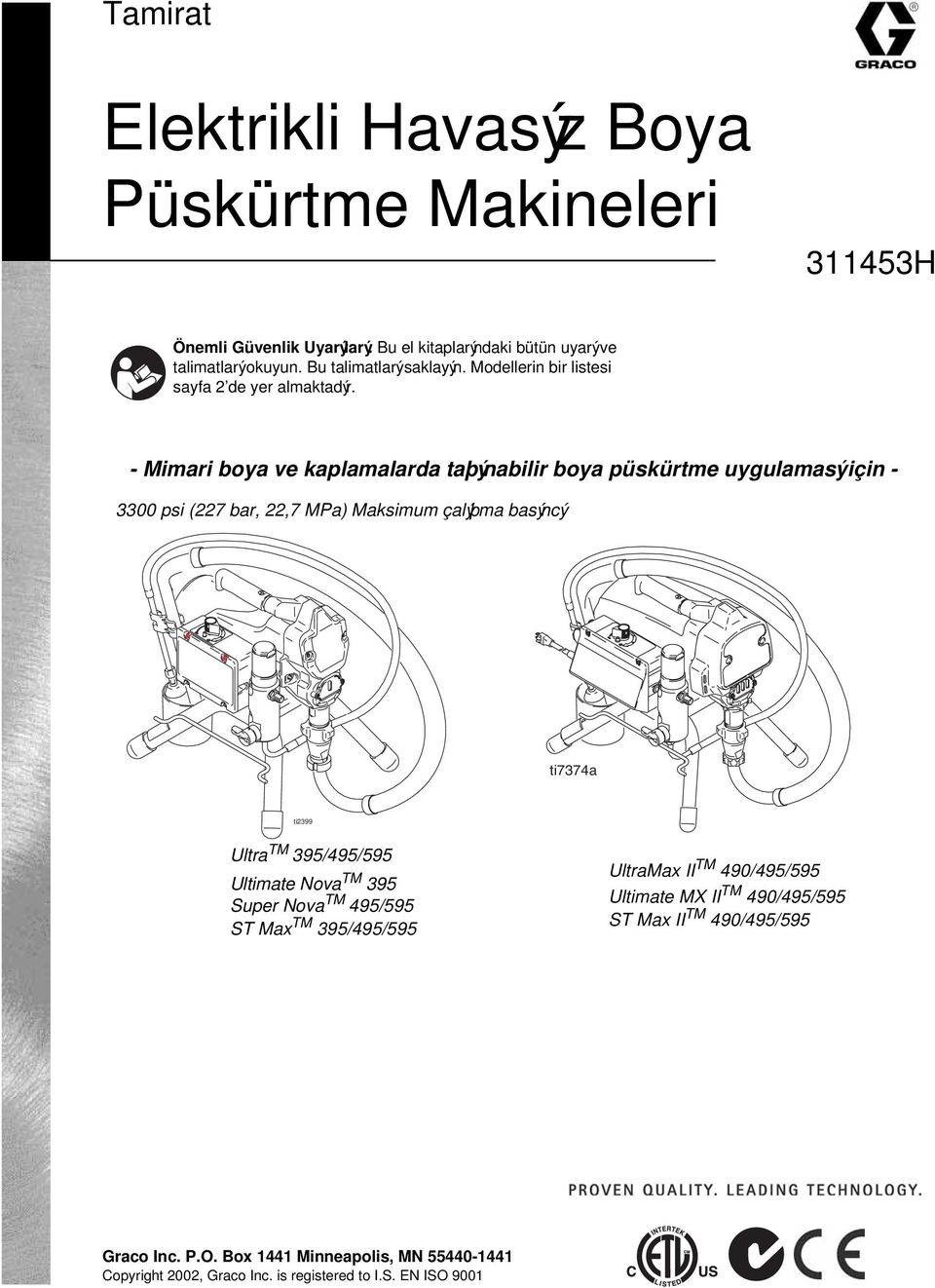 - Mimari boya ve kaplamalarda taþýnabilir boya püskürtme uygulamasý için - 3300 psi (227 bar, 22,7 MPa) Maksimum çalýþma basýncý ti2399 Ultra TM 395/495/595