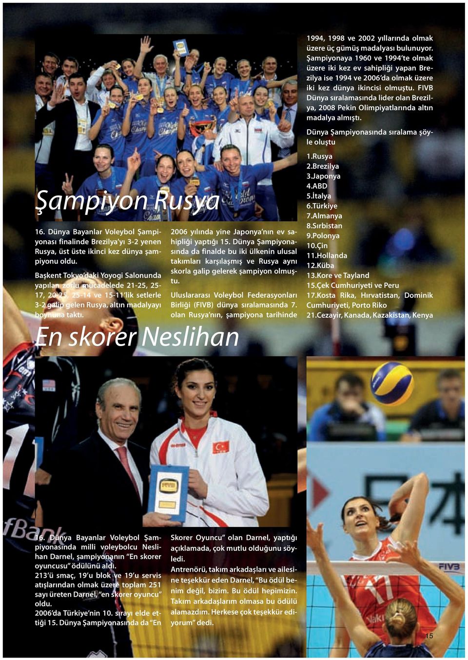 FIVB Dünya sıralamasında lider olan Brezilya, 2008 Pekin Olimpiyatlarında altın madalya almıştı. Dünya Şampiyonasında sıralama şöyle oluştu Şampiyon Rusya 16.