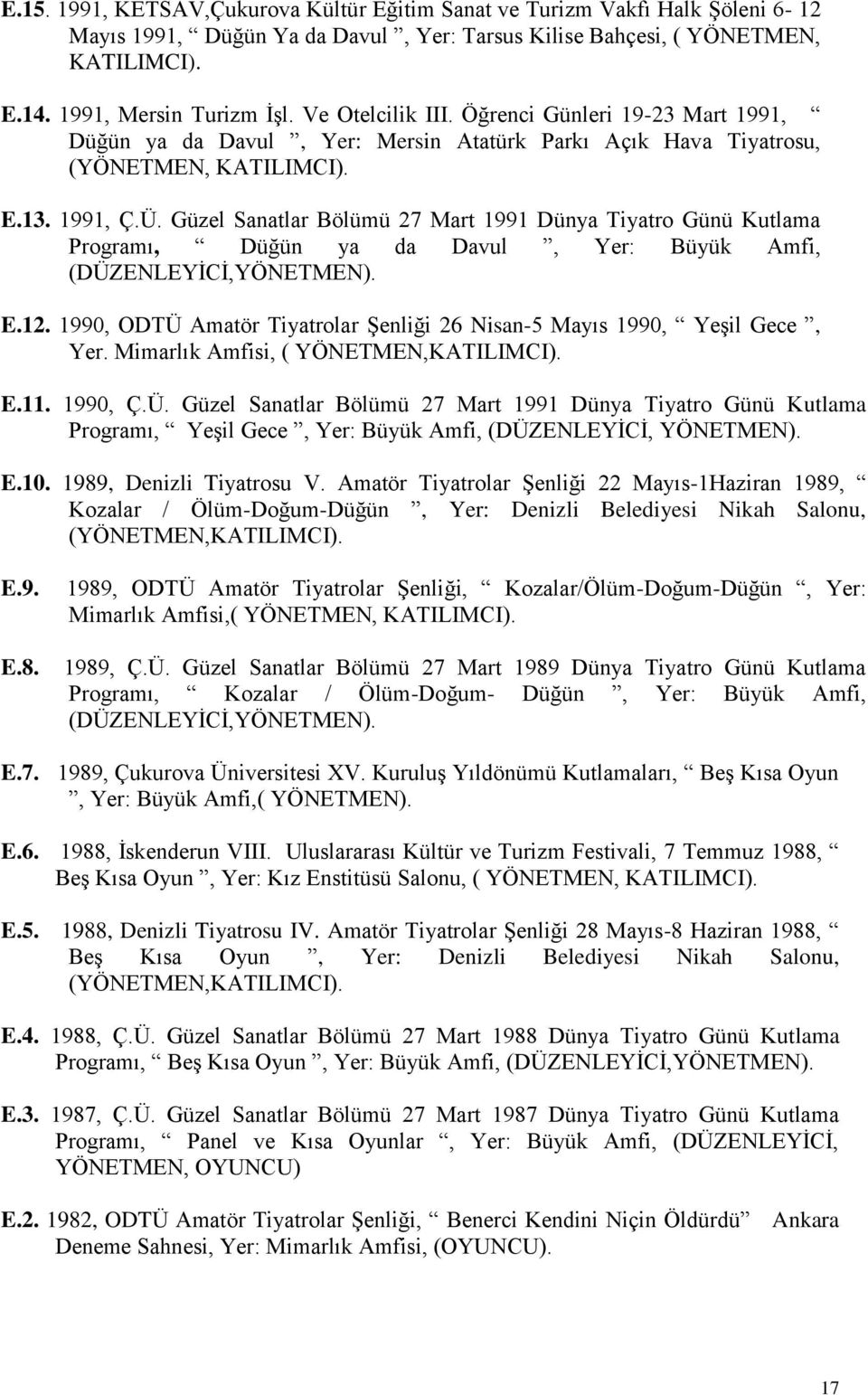 Güzel Sanatlar Bölümü 7 Mart 1991 Dünya Tiyatro Günü Kutlama Programı, Düğün ya da Davul, Yer: Büyük Amfi, (DÜZENLEYĠCĠ,YÖNETMEN). E.1. 199, ODTÜ Amatör Tiyatrolar ġenliği 6 Nisan-5 Mayıs 199, YeĢil Gece, Yer.