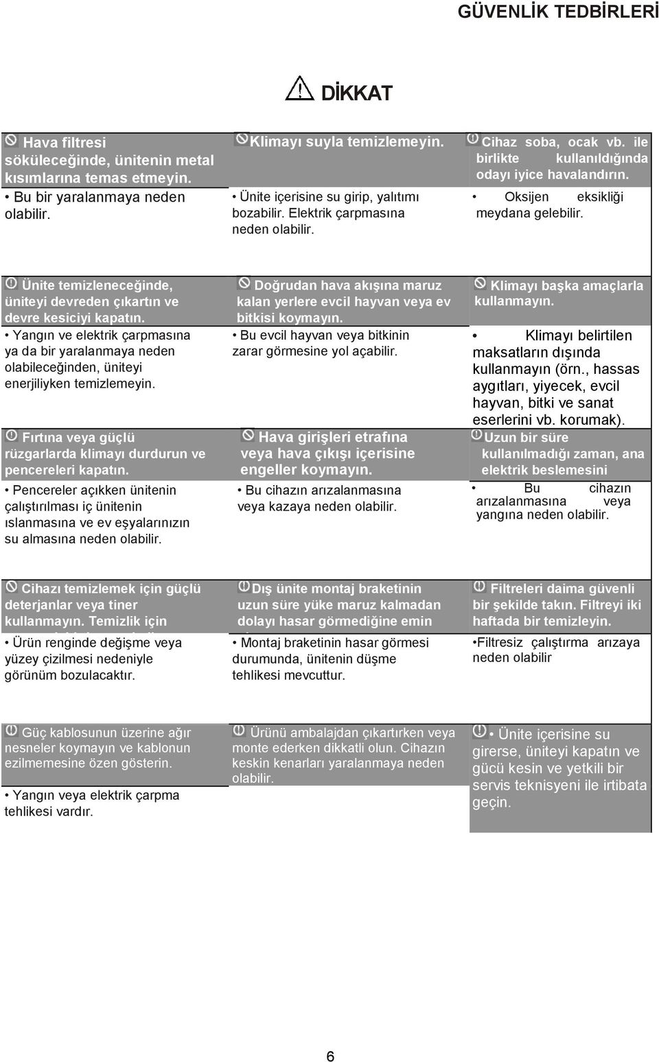 Ünite temizleneceğinde, üniteyi devreden çıkartın ve devre kesiciyi kapatın. Yangın ve elektrik çarpmasına ya da bir yaralanmaya neden olabileceğinden, üniteyi enerjiliyken temizlemeyin.