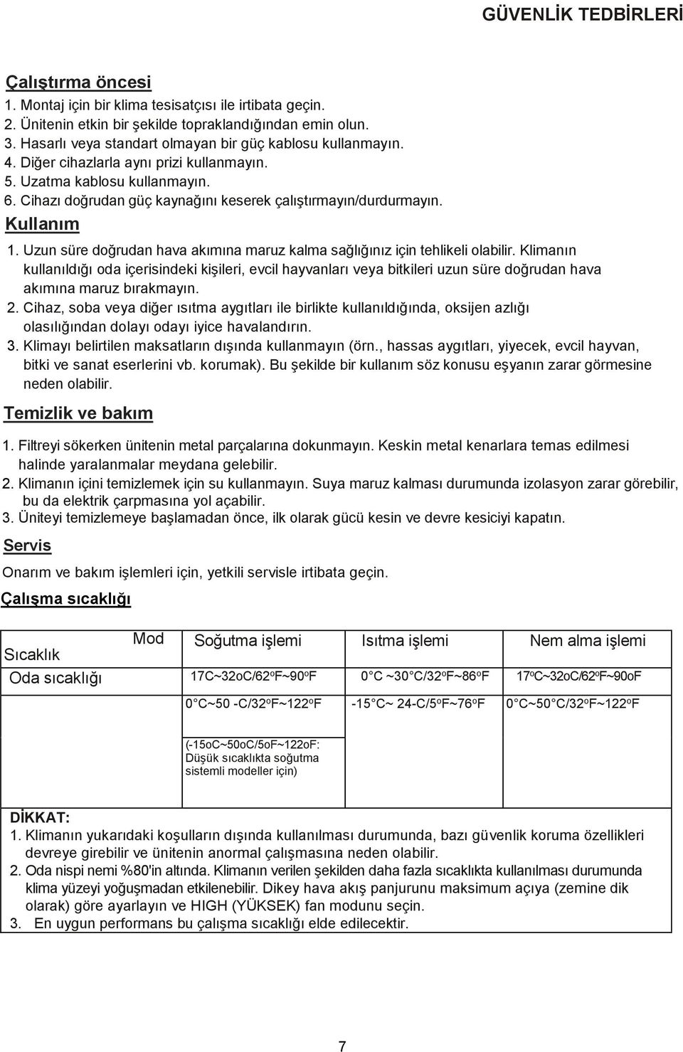 Cihazı doğrudan güç kaynağını keserek çalıştırmayın/durdurmayın. Kullanım 1. Uzun süre doğrudan hava akımına maruz kalma sağlığınız için tehlikeli olabilir.