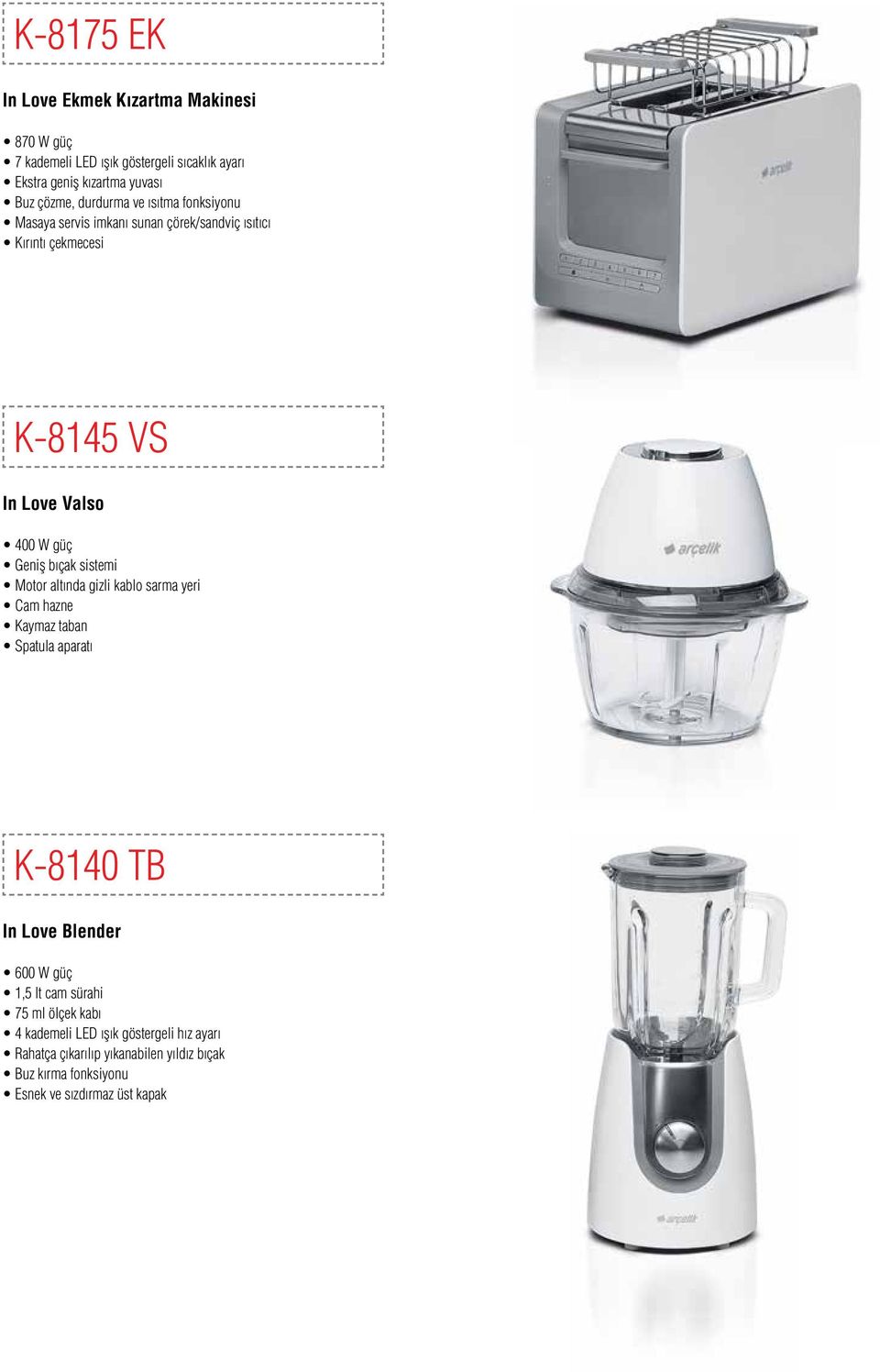 bıçk sistemi Motor ltınd gizli kblo srm yeri Cm hzne Kymz tbn Sptul prtı K-8140 TB In Love Blender 600 W güç 1,5 lt cm sürhi 75