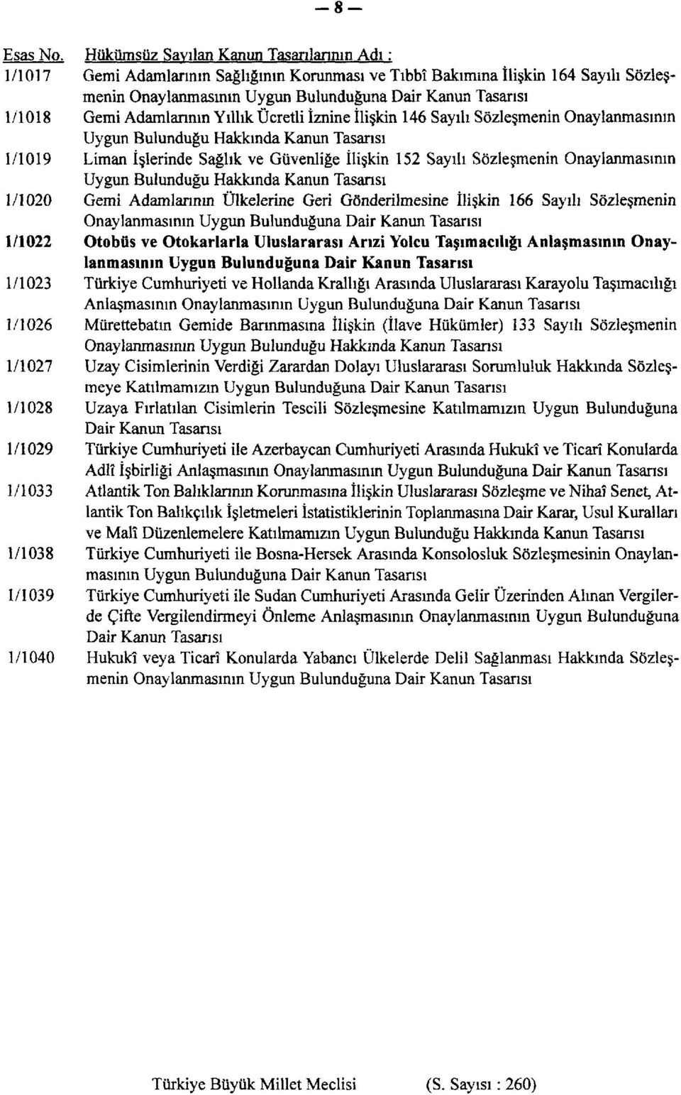 Gemi Adamlarının Yıllık Ücretli İznine İlişkin 146 Sayılı Sözleşmenin Onaylanmasının Uygun Bulunduğu Hakkında Kanun Tasarısı 1/1019 Liman İşlerinde Sağlık ve Güvenliğe İlişkin 152 Sayılı Sözleşmenin