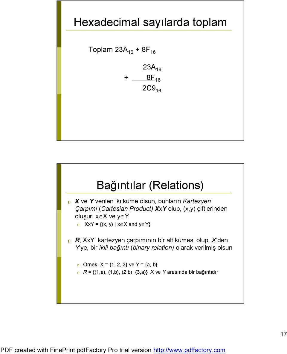 {(x, y) x X and y Y} p R, XxY kartezyen çarpımının bir alt kümesi olup, X den Y ye, bir ikili bağıntı (binary